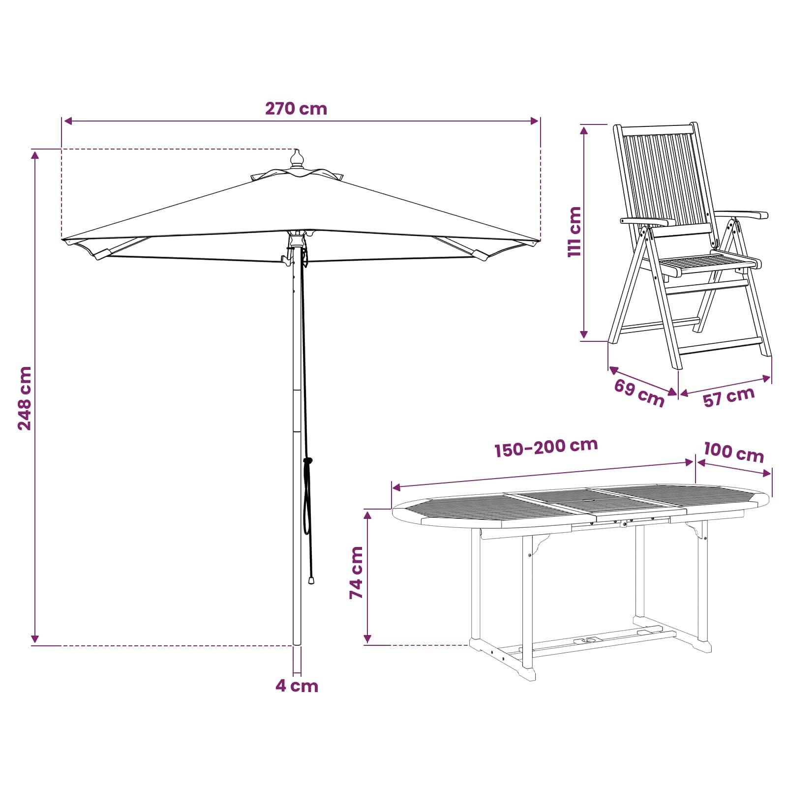 Maßzeichnung eines Terrassenschirms, Klappstuhl und Tisch mit Gesamtabmessungen in cm: Schirm 270 x 248 cm, Stuhl 111 cm hoch, Tisch 150-200 x 100 x 74 cm.