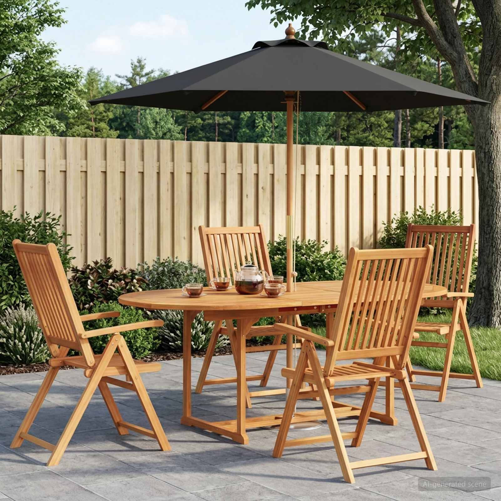 Gartenset im Freien mit vier Holzklappstühlen um einen runden Tisch unter einem großen schwarzen Schirm, neben einem Zaun und Grünflächen.