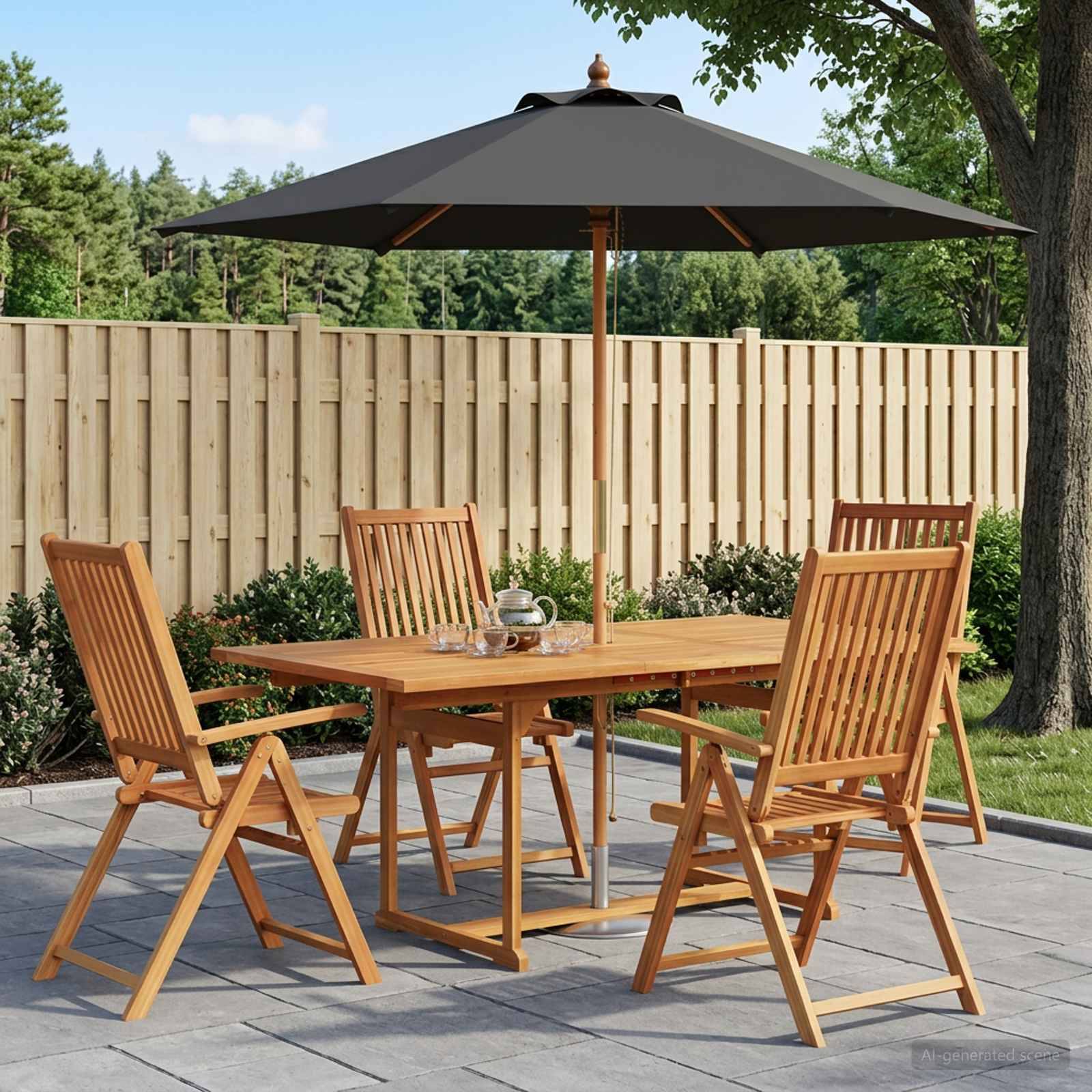 Essgarnitur für die Terrasse im Freien mit vier Holzstühlen, einem quadratischen Tisch und einem großen schwarzen Schirm auf einer gepflasterten Gartenterrasse.