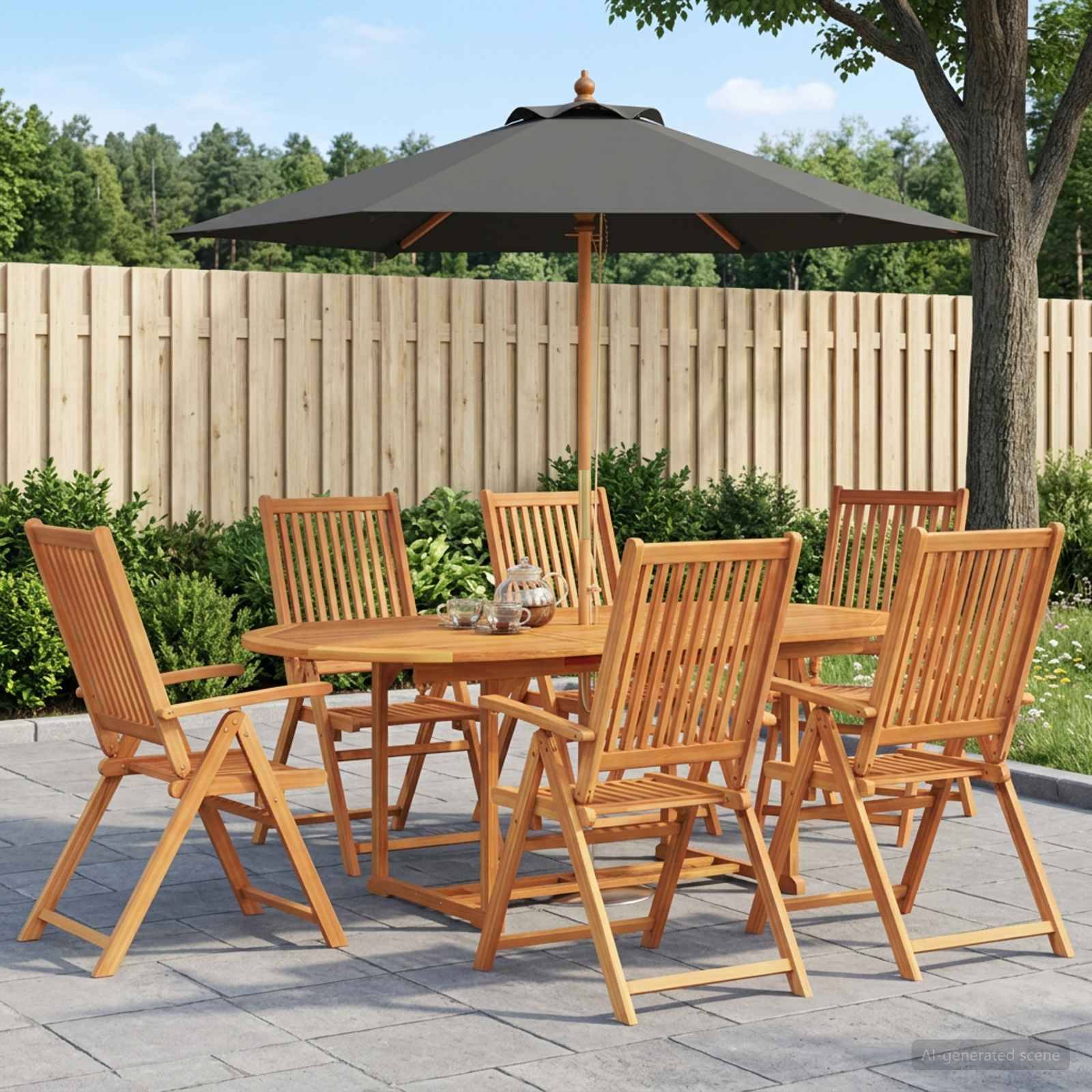 Esszimmer-Sitzgruppe für die Terrasse mit sechs Holzstühlen um einen runden Tisch unter einem großen schwarzen Sonnenschirm, aufgestellt auf einem gepflasterten Hof neben einem Zaun und Bäumen.