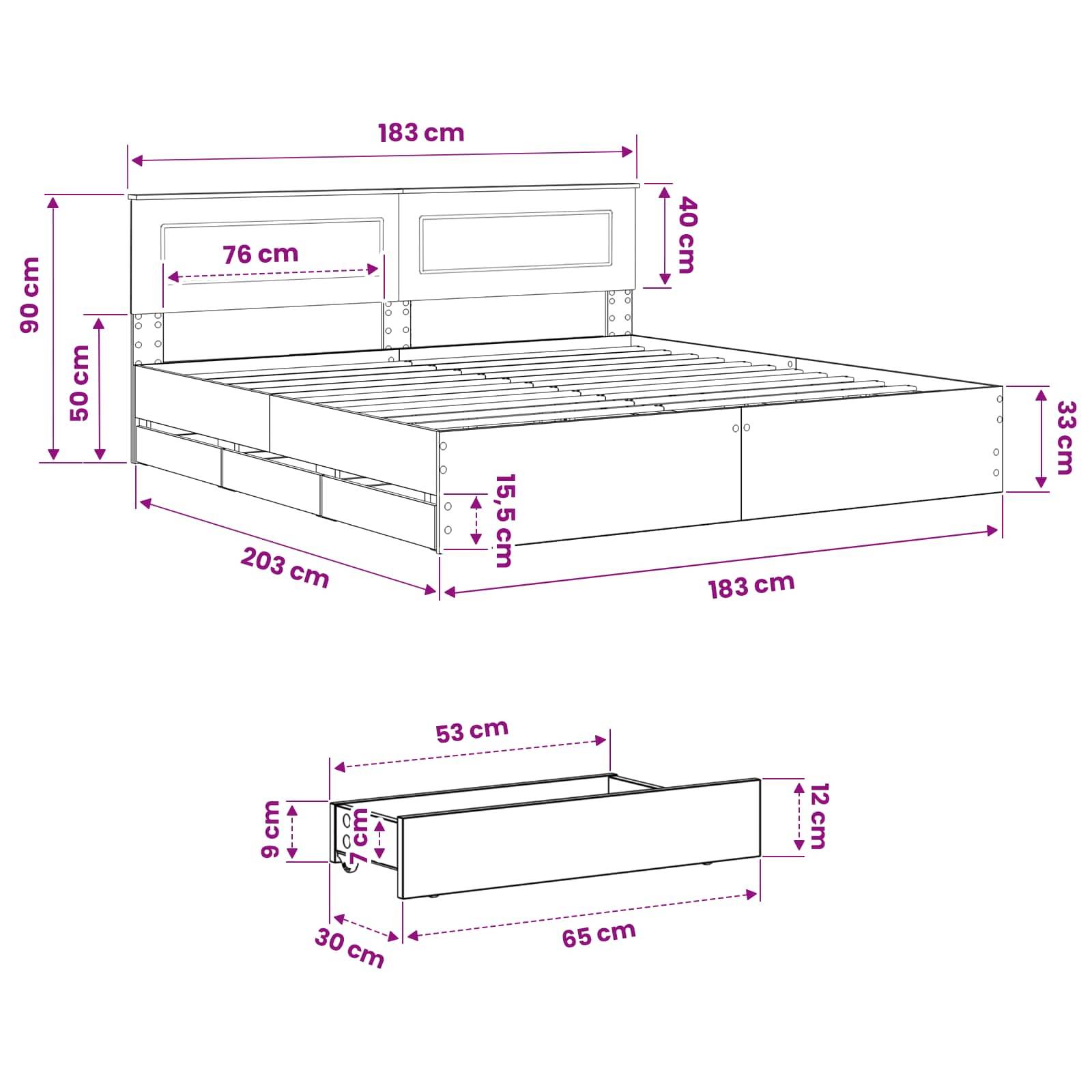 Kommentiertes Bettrahmen-Dimensionsdiagramm mit einem Bett und einer passenden Schubladeneinheit, mit Maßen in Zentimetern beschriftet.