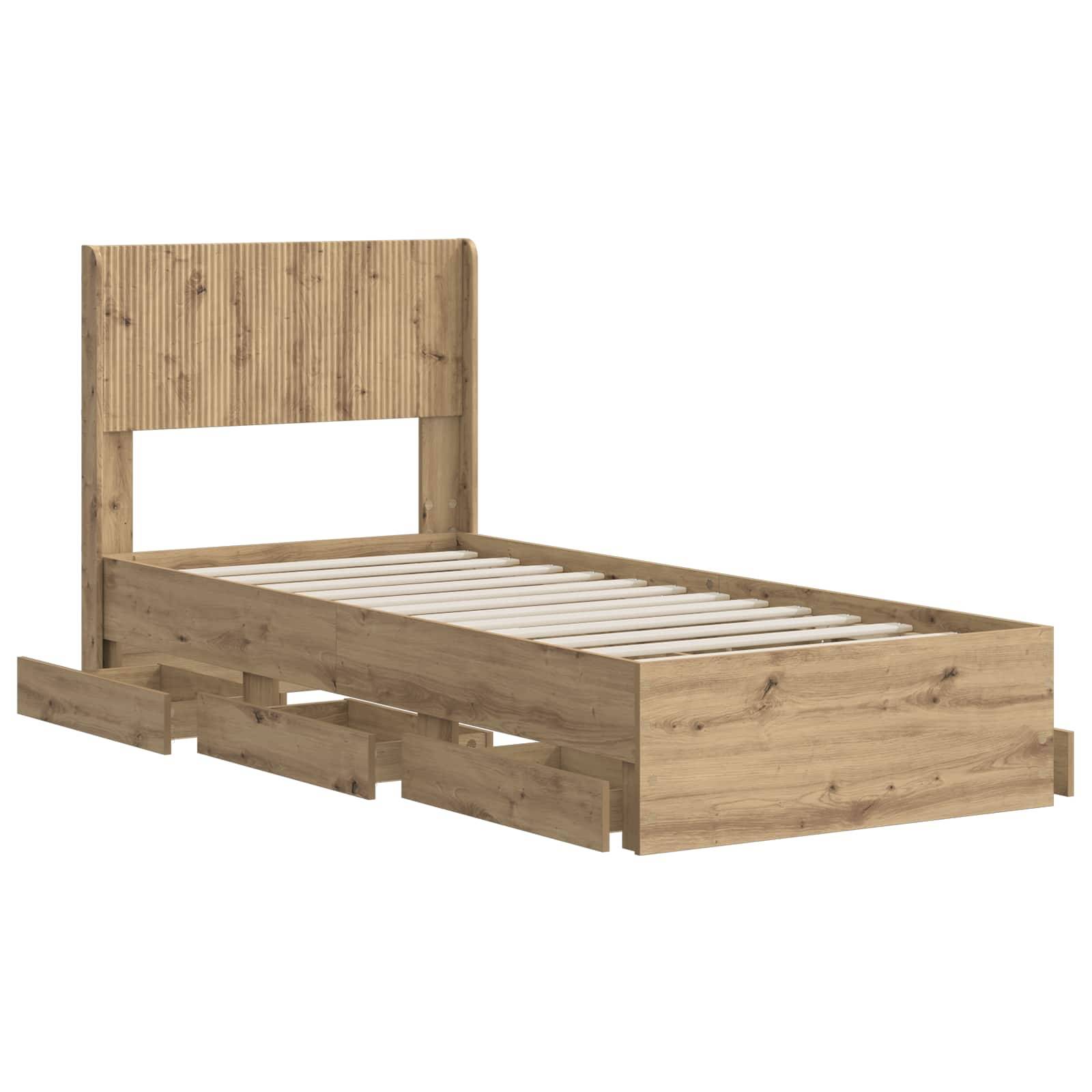 Holzbettgestell mit Lamellenkopfteil und Seitenschubladen, auf weißem Hintergrund dargestellt.