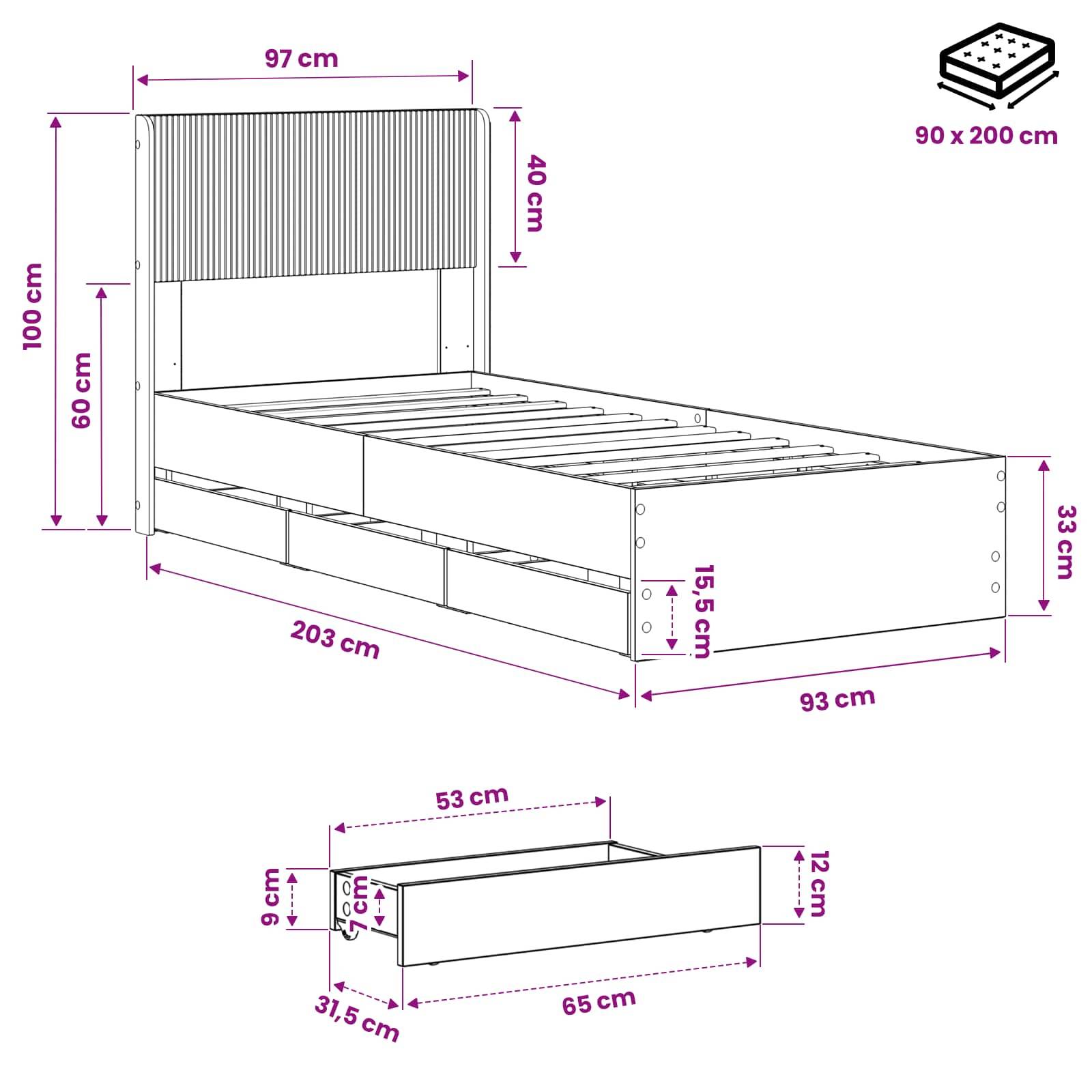 Maßstabszeichnung eines Einzelbettgestells mit geripptem Kopfteil und Schubladen zur Aufbewahrung, gekennzeichnet mit Matratzenmaße 90 x 200 cm und Abmessungen in Zentimetern.