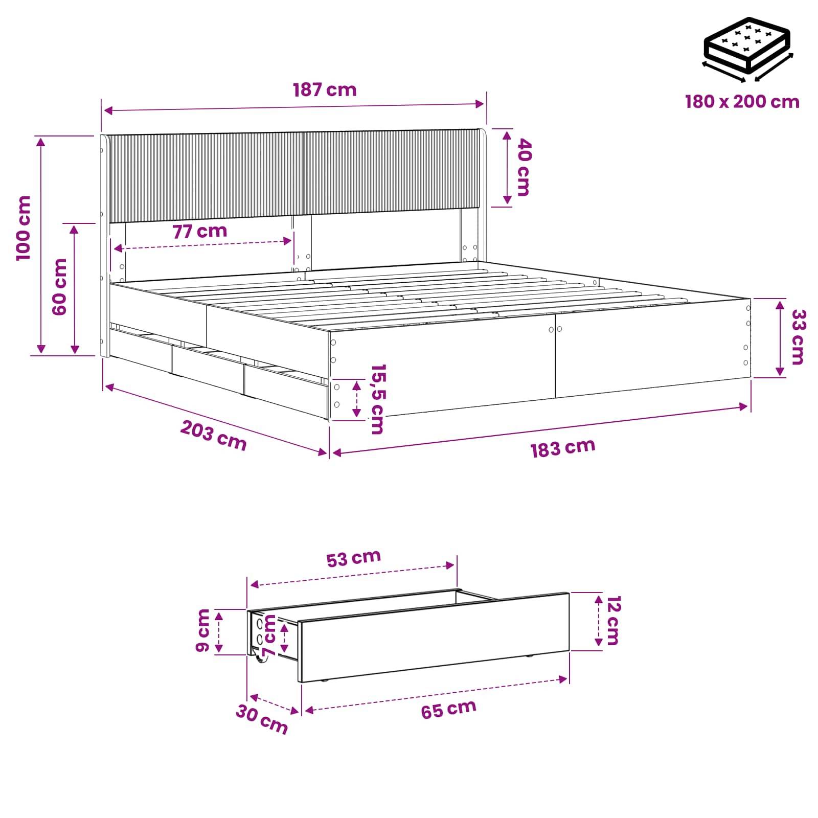 # Bemaßtes Bettdiagramm mit Gesamtgröße 187 x 203 cm, 40 cm Kopfteil und 180 x 200 cm Matratze, plus eine 65 cm Bank-/Lagereinheit mit beschrifteten Maßen.