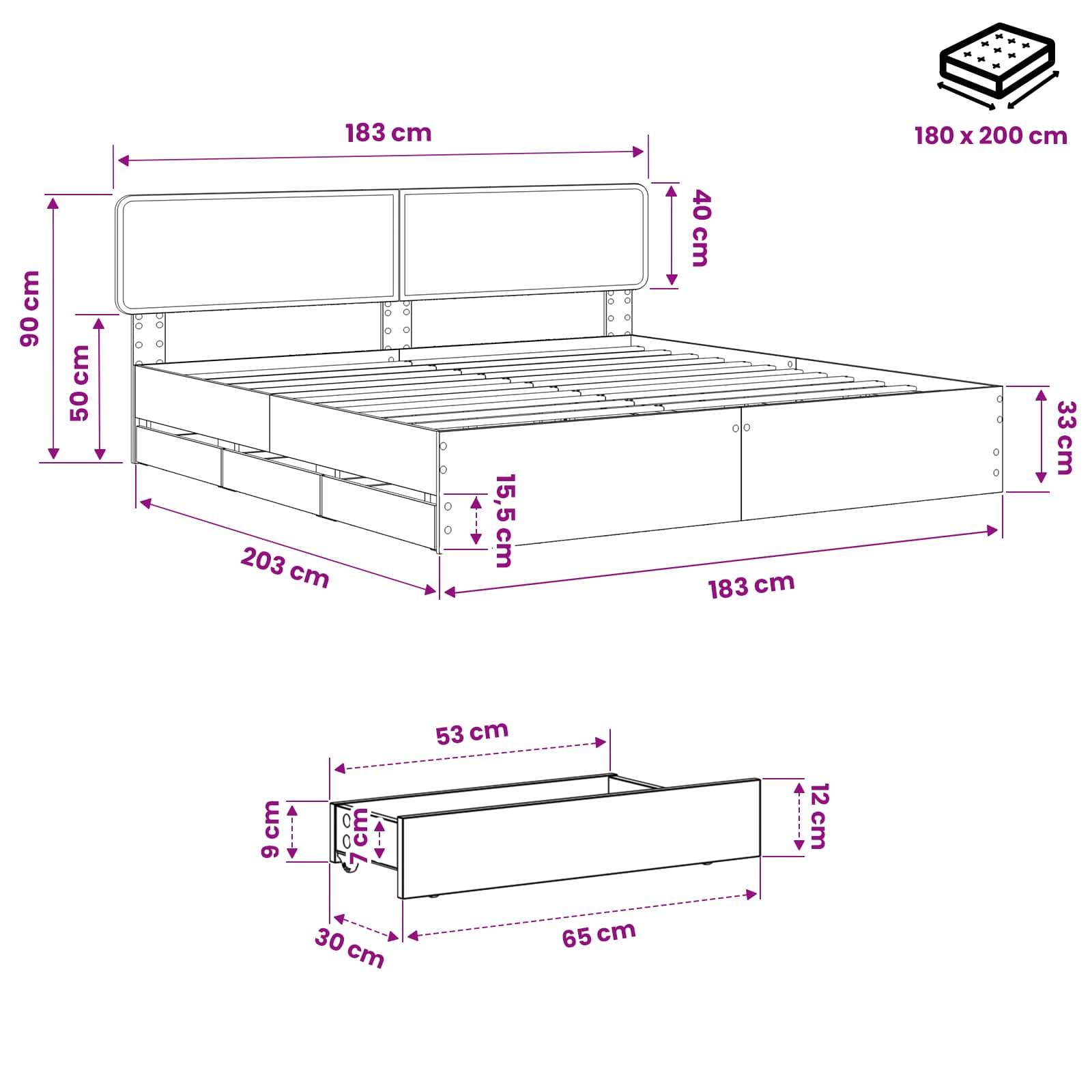 Maßstabzeichnung eines Bettgestells mit Kopfteil und Unterbett-Aufbewahrungsbox, mit Gesamtabmessungen in cm und einer Matratzenabmessung von 180 x 200 cm.