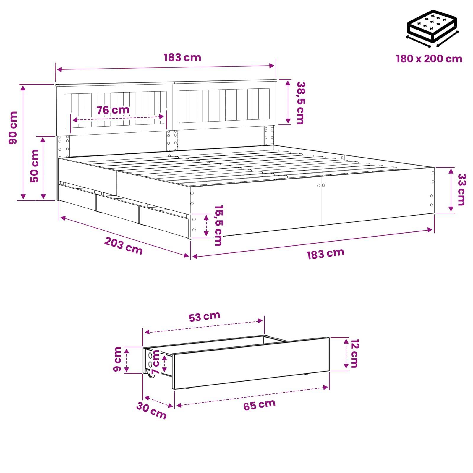 Maßstabgerechte Zeichnung eines Bettgestells mit Kopfteil und Schublade, die Gesamtgröße 203 x 183 cm, Matratzengröße 180 x 200 cm und Schubladenmessungen zeigt.