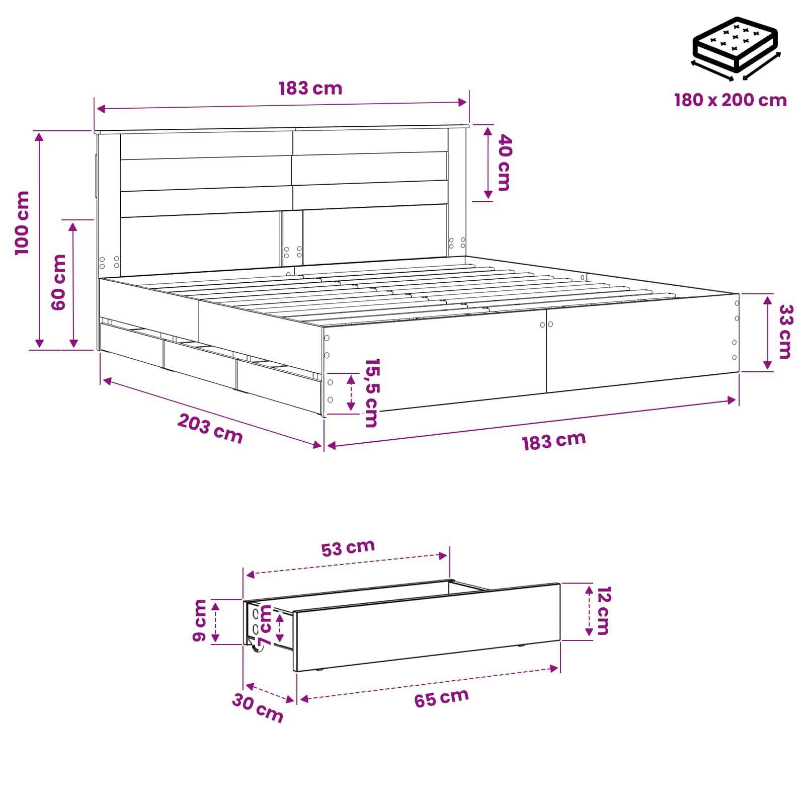 Maßstabgerechte Zeichnung eines Bettgestells mit Kopfteil und Lattenrost, die die Gesamtgröße 183 x 203 cm, die Kopfteilhöhe von 100 cm und die entsprechende Matratzenmaße von 180 x 200 cm zeigt; eine eingefügte Abbildung zeigt eine 65 cm Schublade oder Bankkomponente mit 53 cm Oberflächenbreite.