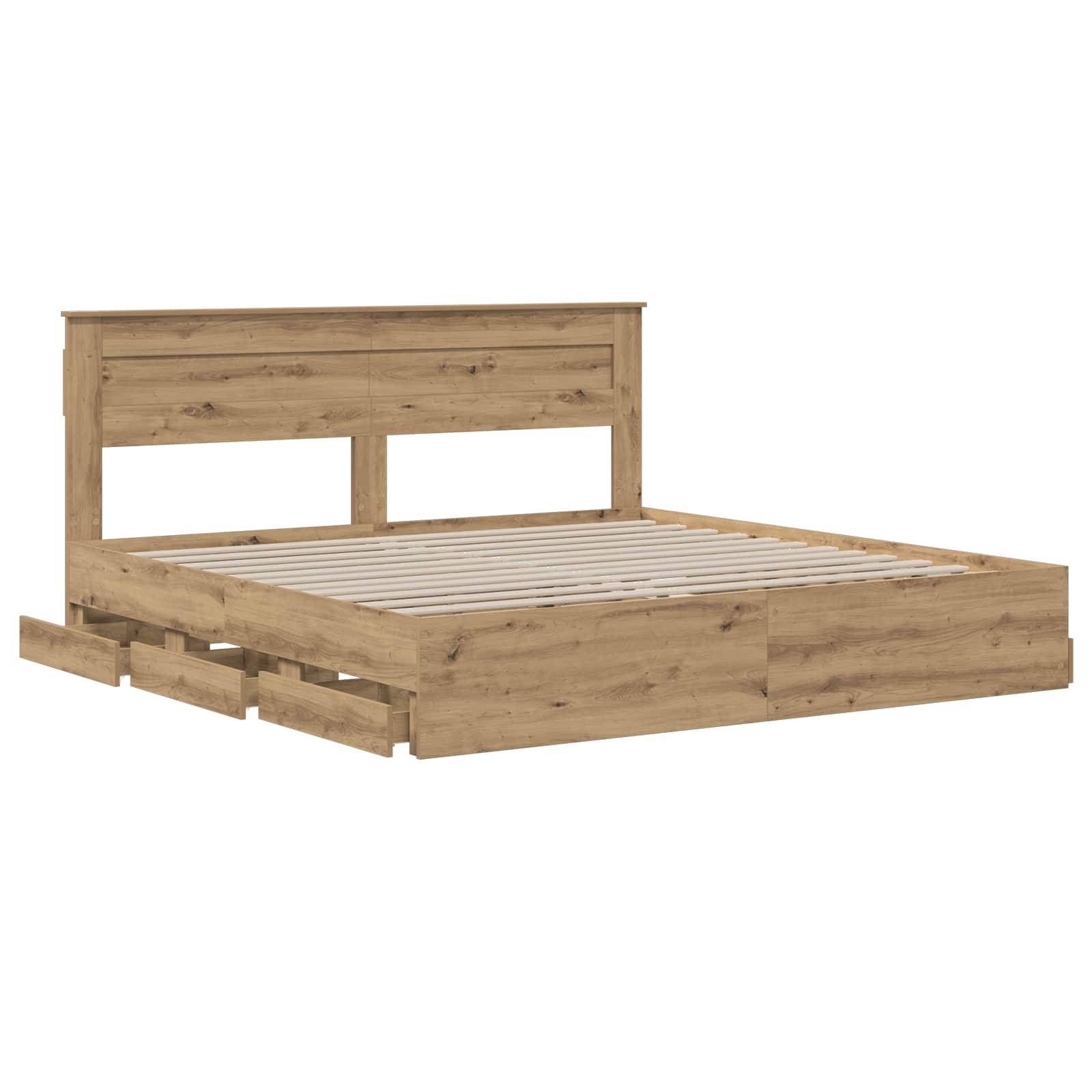 Holzbett-Plattformrahmen mit Kopfteil und eingebauten Schubladen, dargestellt auf weißem Hintergrund.