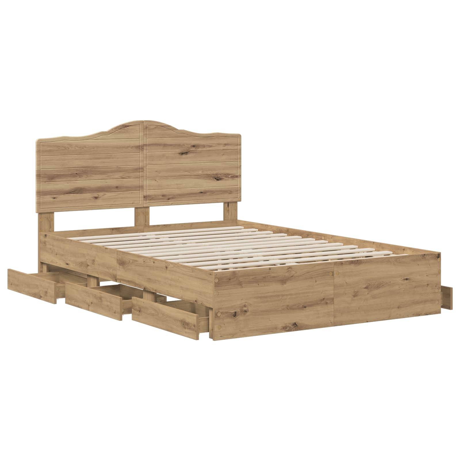 Holzbett-Rahmen mit Kopfteil und integrierten Schubladen, dargestellt auf weißem Hintergrund.