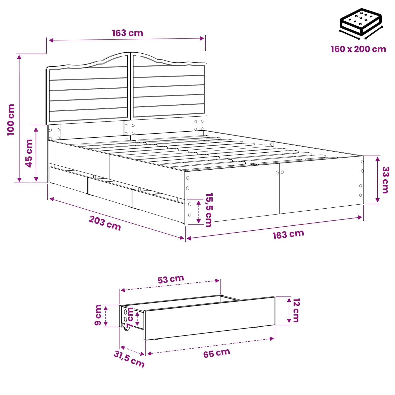Dimensionszeichnung eines Bettes und einer Unterbettschublade: Bett ist 163 x 203 cm mit einem 100 cm Kopfteil; Schublade ist 65 x 31,5 x 12 cm.