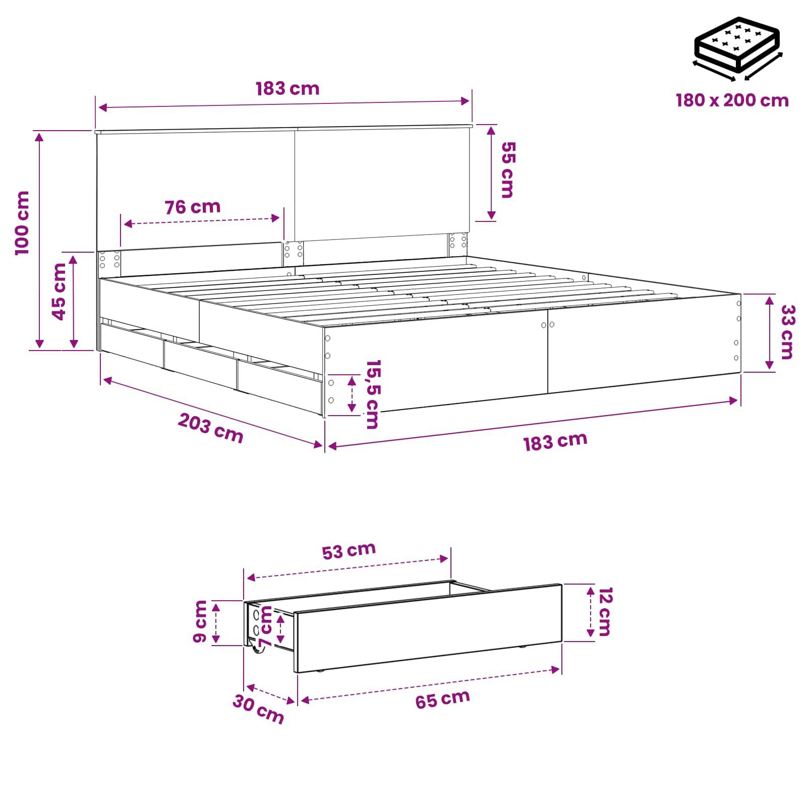 Kommentiertes Bettdiagramm mit Abmessungen: Bettrahmen 183 x 203 cm, Kopfteil 100 cm hoch, Schubladen zum Verstauen und ein separates 65 cm x 30 cm großes Bank- oder Tischzubehör.