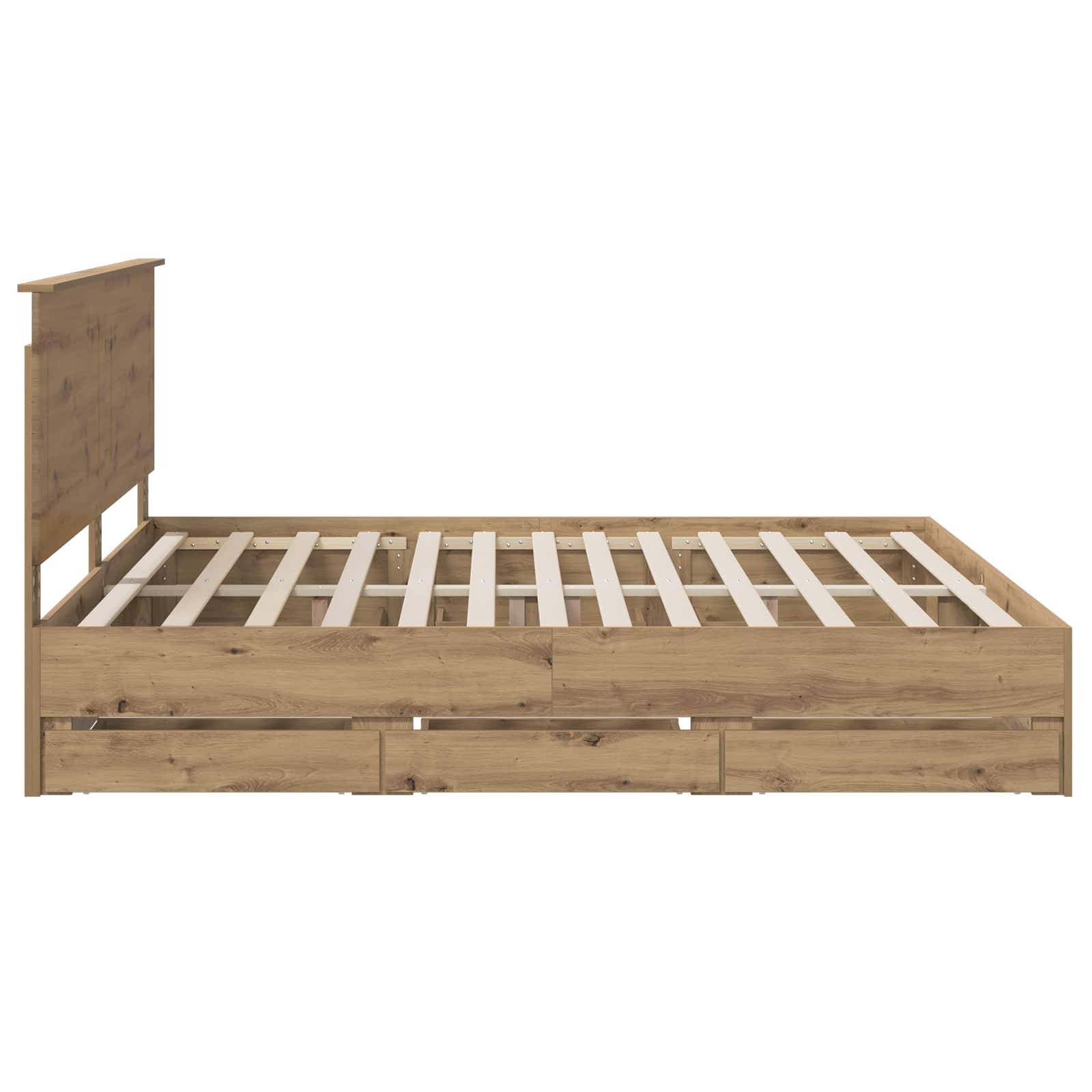 Holzbettrahmen mit Kopfteil und drei integrierten Schubladen, auf weißem Hintergrund dargestellt.