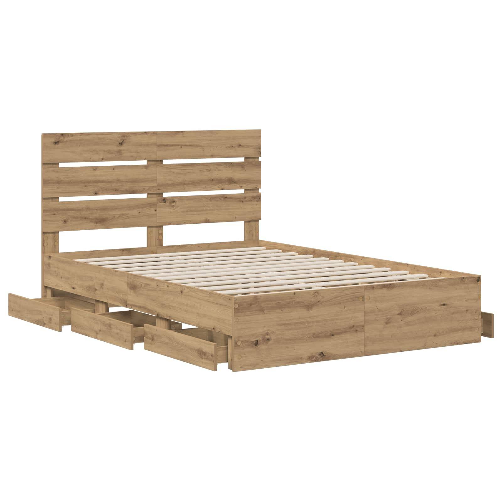 Holzbettrahmen mit lamelliertem Kopfteil und Schubladen unter dem Bett, auf weißem Hintergrund dargestellt.