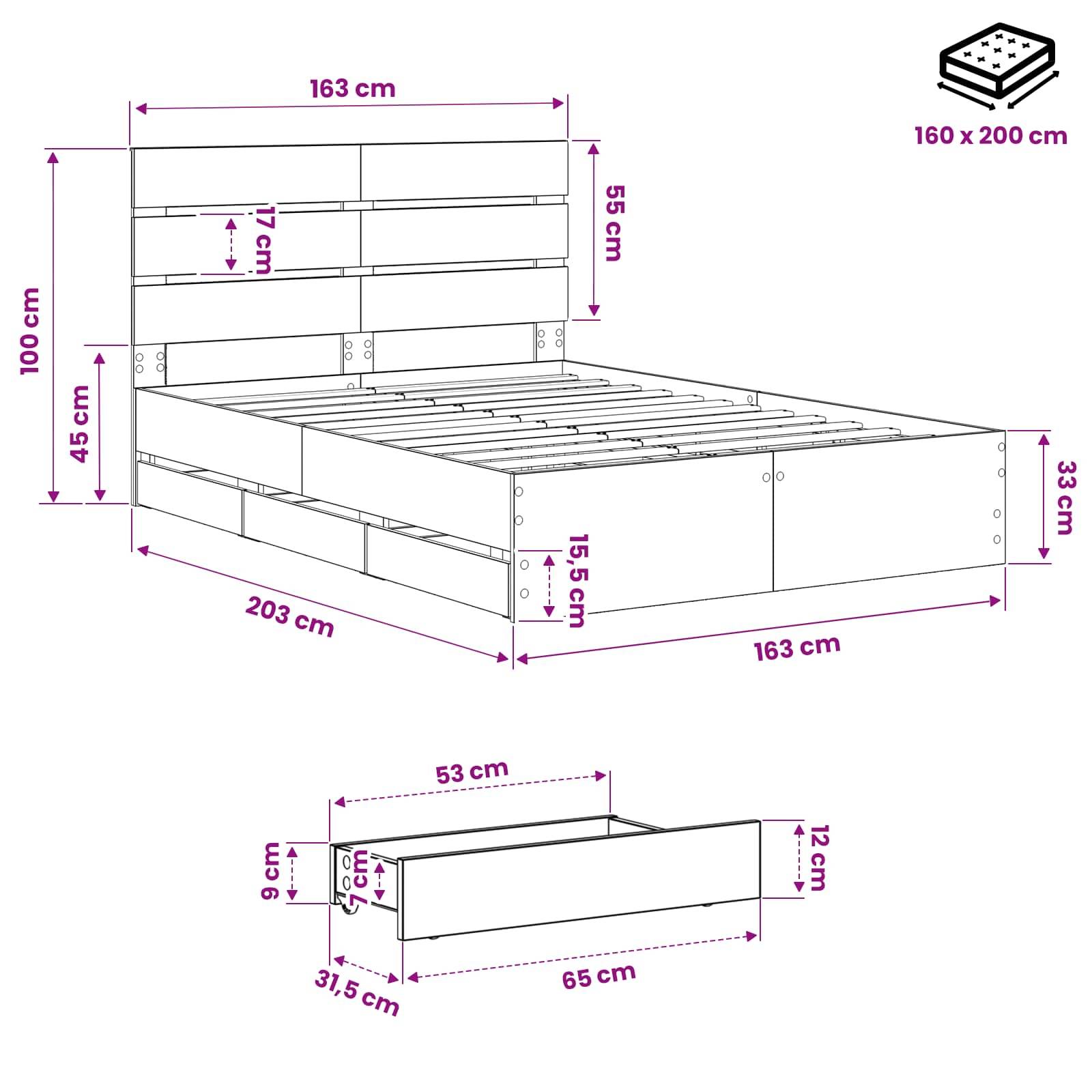 Bemaßte Zeichnung eines Bettgestells mit Kopfteil für eine 160 x 200 cm Matratze und einer passenden Schublade, mit Maßangaben in Zentimetern.