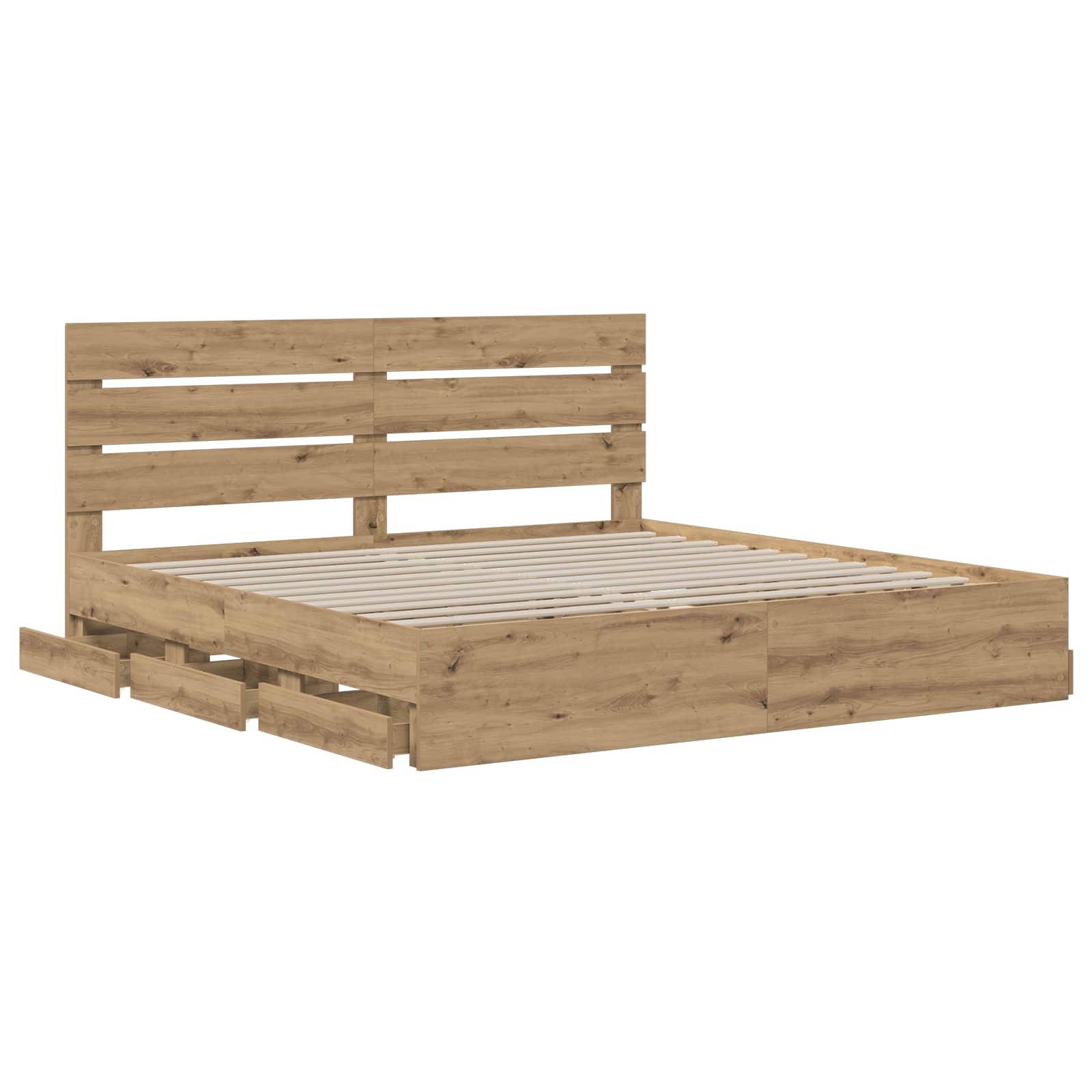Holzbettgestell mit Lamellenkopfteil und Aufbewahrungsschubladen an der Basis.