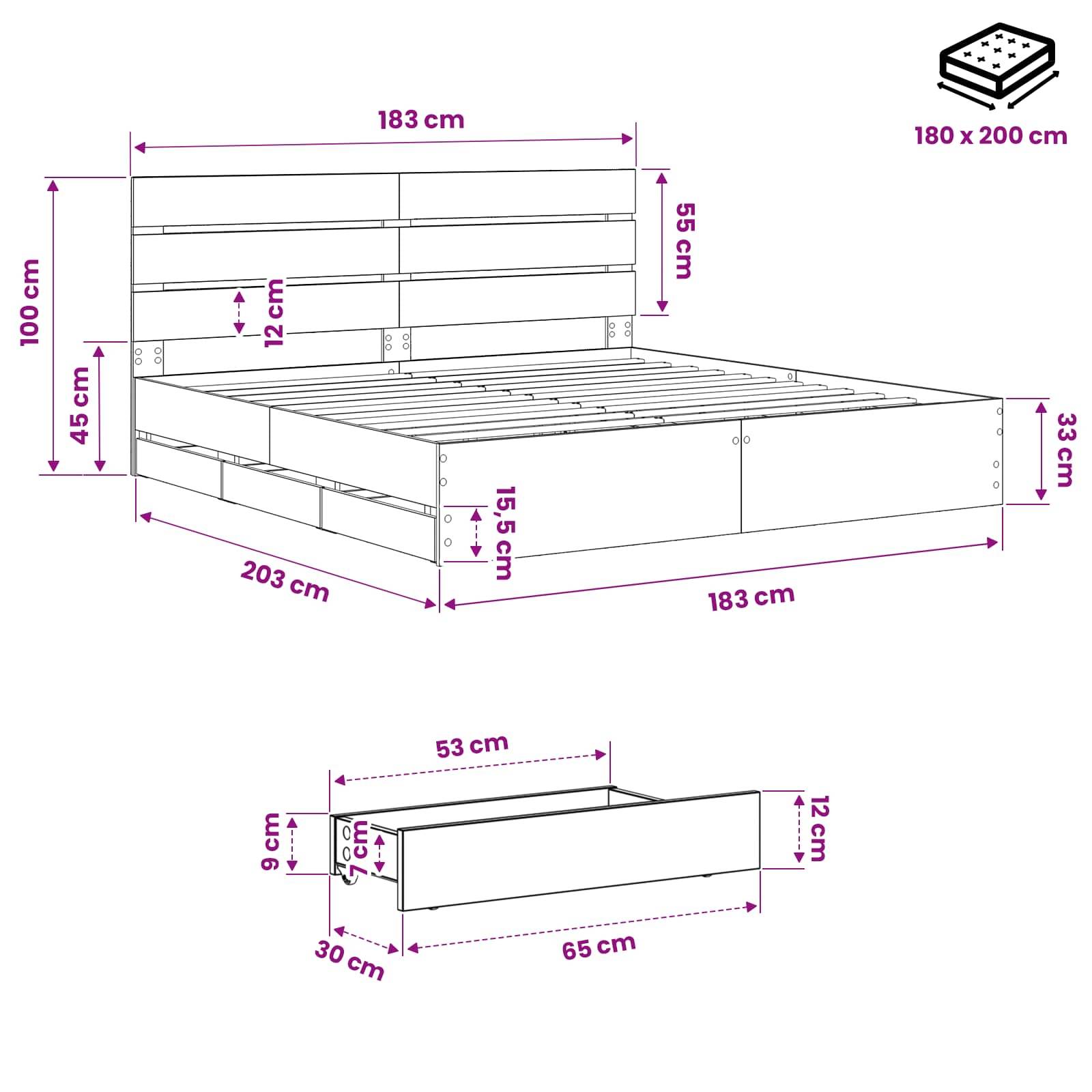 Maßstabgerechte Linienzeichnung eines Bettgestells mit Kopfteil und Fußteil, beschriftet 180 x 200 cm, mit Maßangaben für das Bett und eine separate passende Schublade/Lagereinheit.