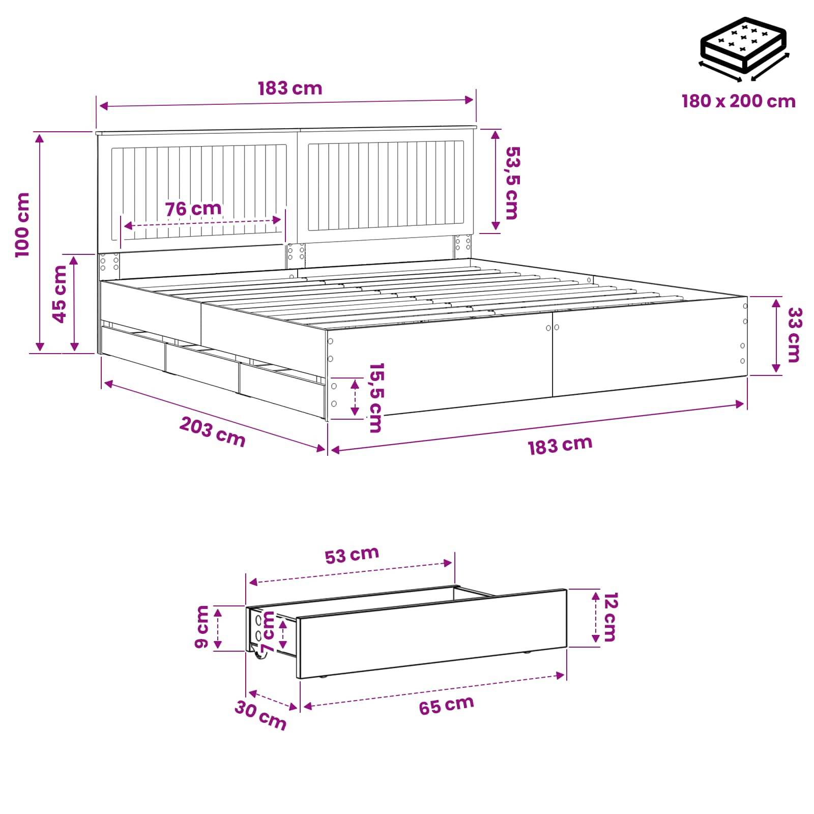 Abmessungsdiagramm eines Bettgestells mit Kopfteil und passendem Möbelstück, das eine Matratzenabmessung von 180 x 200 cm und Messwerte in Zentimetern zeigt.