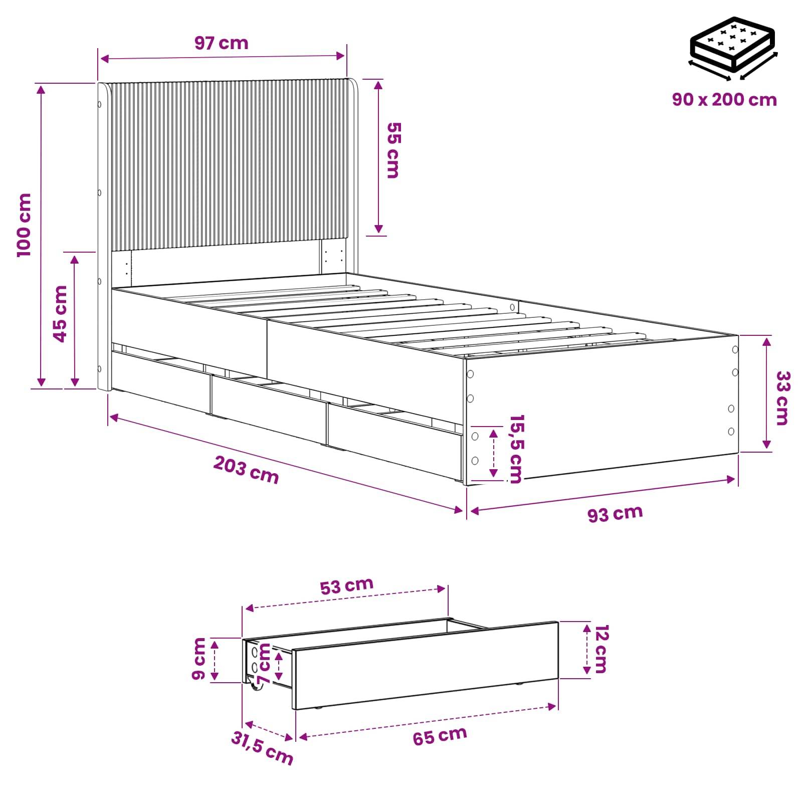 Dimensioniertes Bettdiagramm mit Lattenkopfteil, das die Gesamtgröße von 203 x 93 cm zeigt, Kopfteil 100 cm hoch, und passende Matratzengrößen von 90 x 200 cm.
