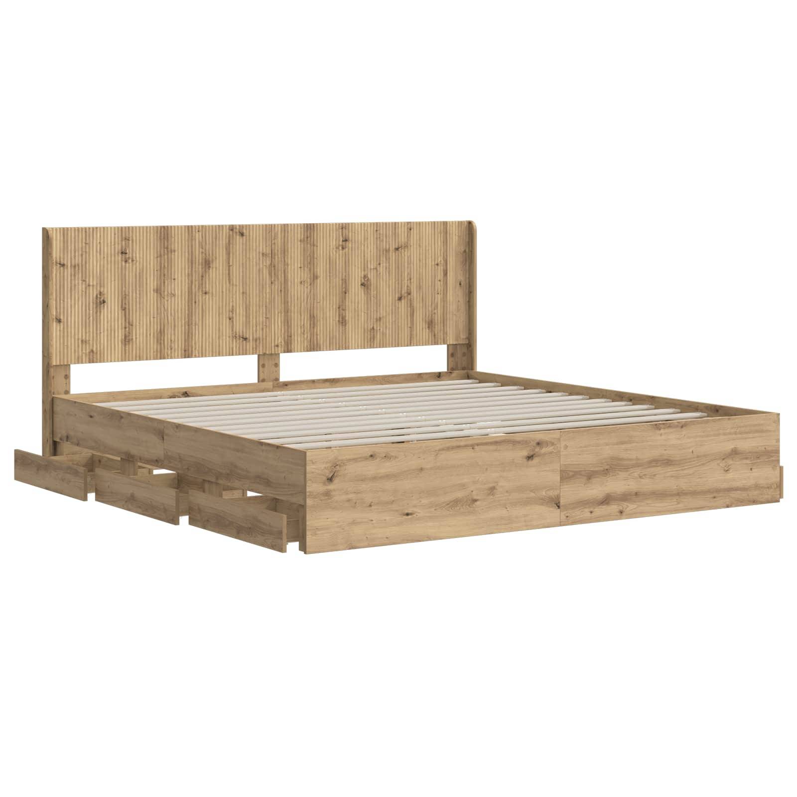 Holzbett-Plattformrahmen mit Lattenrost, hohem Kopfteil und Seitenschubladen zur Aufbewahrung, dargestellt auf weißem Hintergrund.