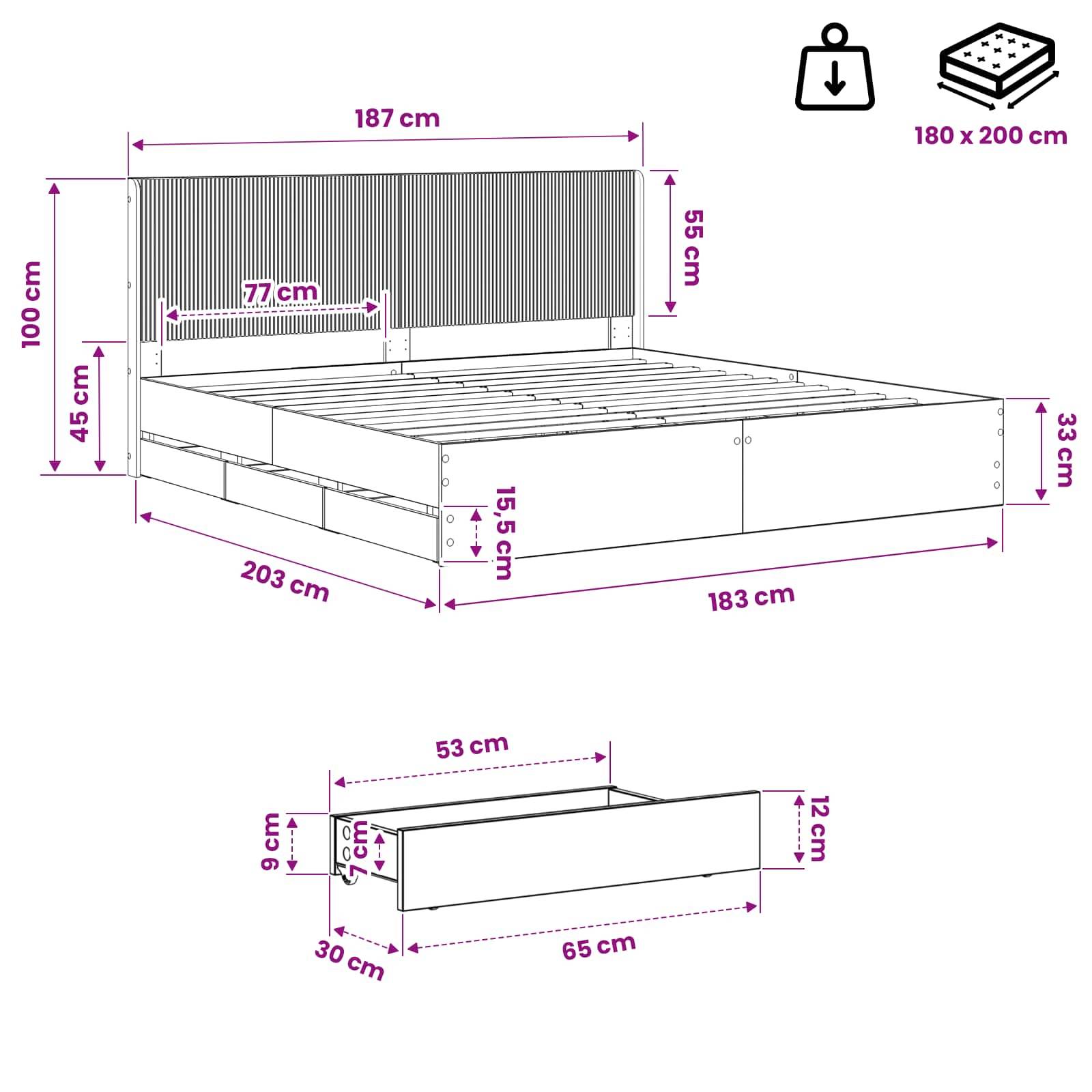 Maßstabsgerechte Zeichnung eines Bettgestells mit Kopfteil und einer Schublade, die die Bettgröße von 180 x 200 cm sowie Abmessungen in Zentimetern für die Gestell- und Kopfteilteile zeigt.