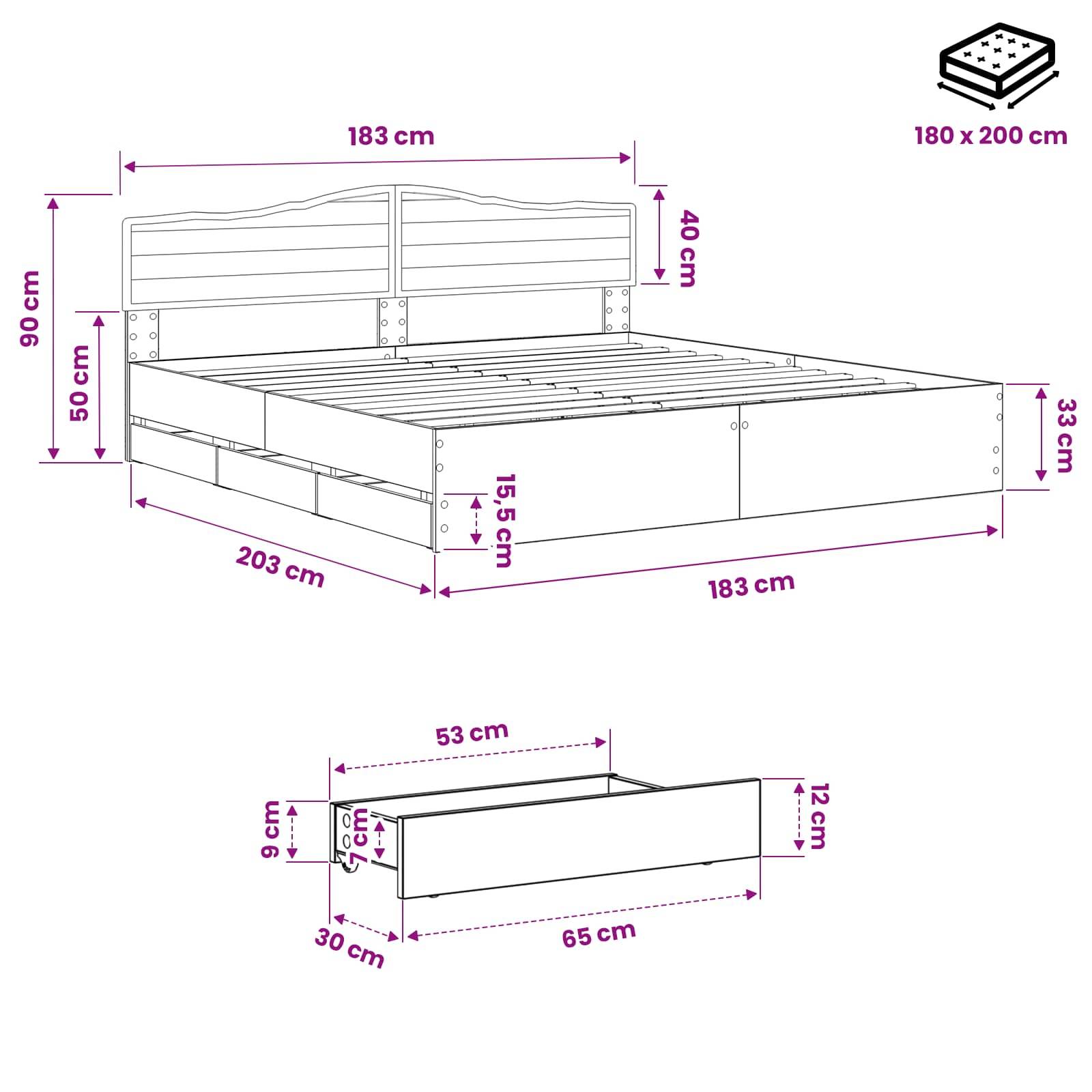 Maßstabgetreue Zeichnung eines Bettgestells mit Kopfteil und Schublade, beschriftet 180 x 200 cm, zeigt die Gesamtgröße und Komponentenmessungen in Zentimetern.