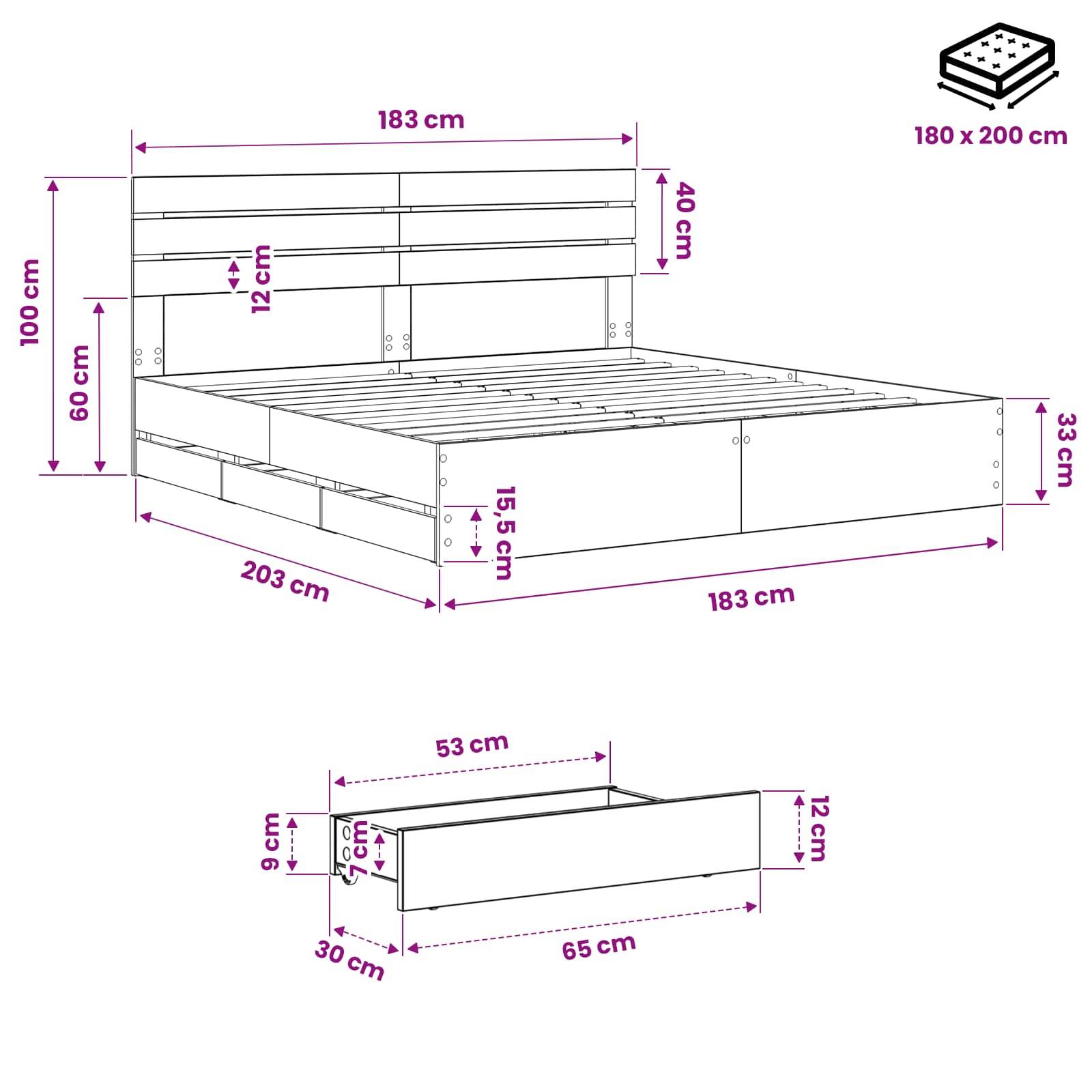 Beschriftetes Bettmassdiagramm mit einem 180 x 200 cm Bettrahmen mit Kopfteil und einem 65 x 30 x 12 cm Nachttisch/Sitzbank.