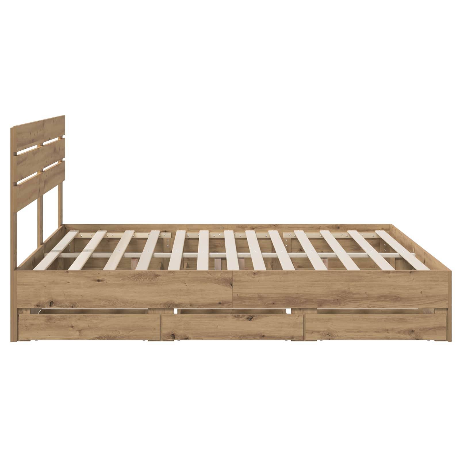 Holzbettrahmen mit lattenförmigem Kopfteil und Unter-Bett-Schubladen, gezeigt auf weißem Hintergrund.