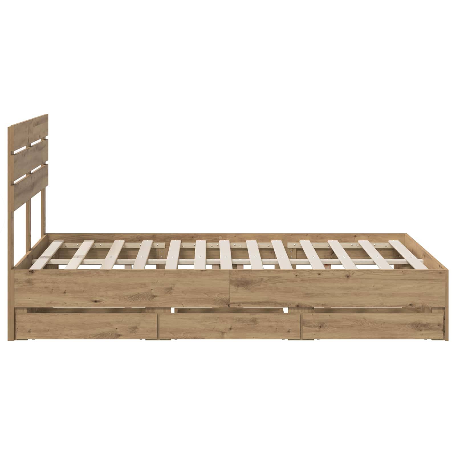 Holzbett mit Kopfteil, Lamellenrost und Unterbettschubladen auf weißem Hintergrund.