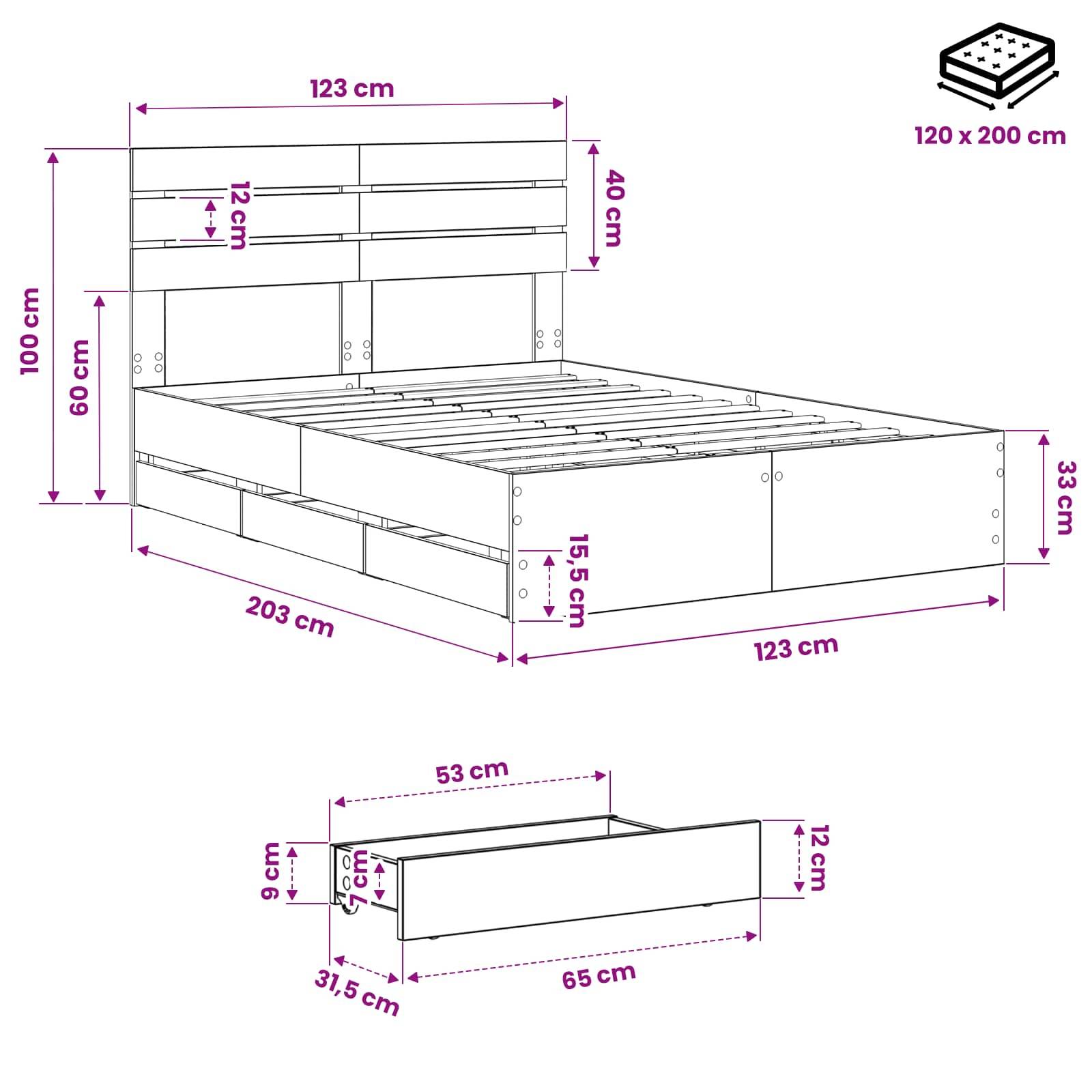 Strichzeichnung eines Bettes mit Abmessungen in Zentimetern, die eine Matratzengrößen von 120 x 200 cm zeigt, sowie Messungen für den Rahmen und das Kopfteil, plus eine separate 65 cm Schublade.