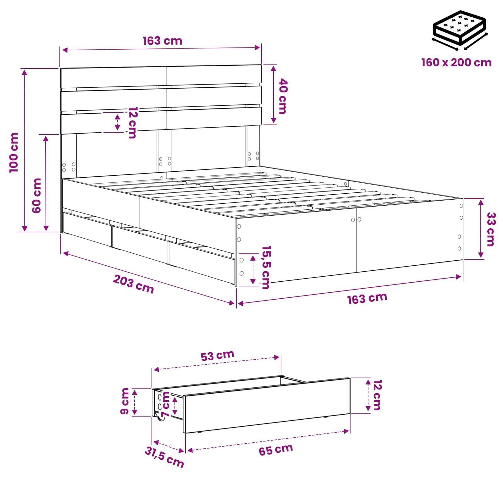 Dimensioniertes Bettdiagramm mit einer 160 x 200 cm Matratzenplattform, mit Kopfteil 100 cm hoch, Bettrahmen 203 cm lang, 163 cm breit und Lagerschubladenmessungen unten.