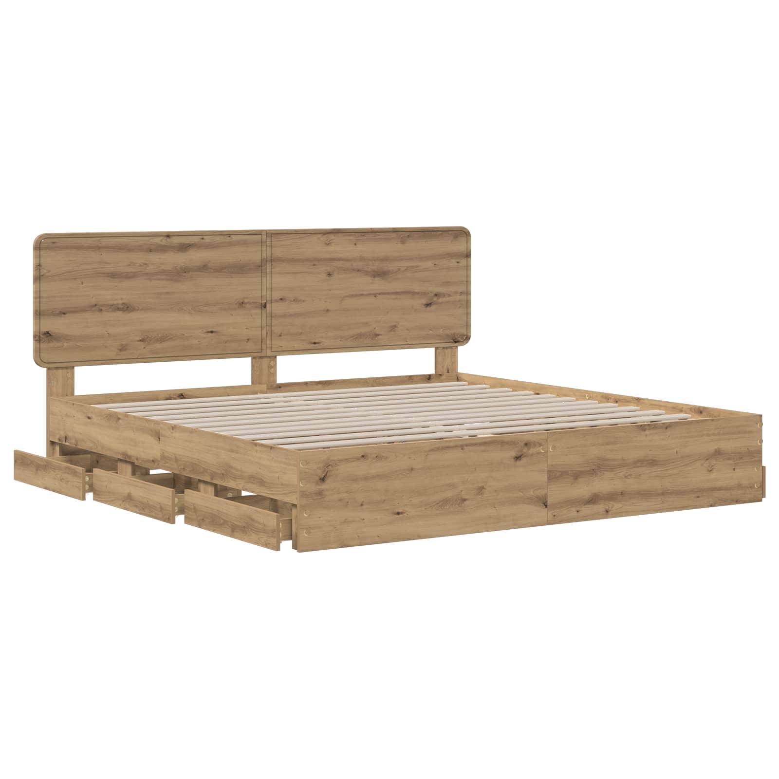 Holzbettgestell mit Lattenrost, hohem Kopfteil und niedrigen Schubladen zur Seite.