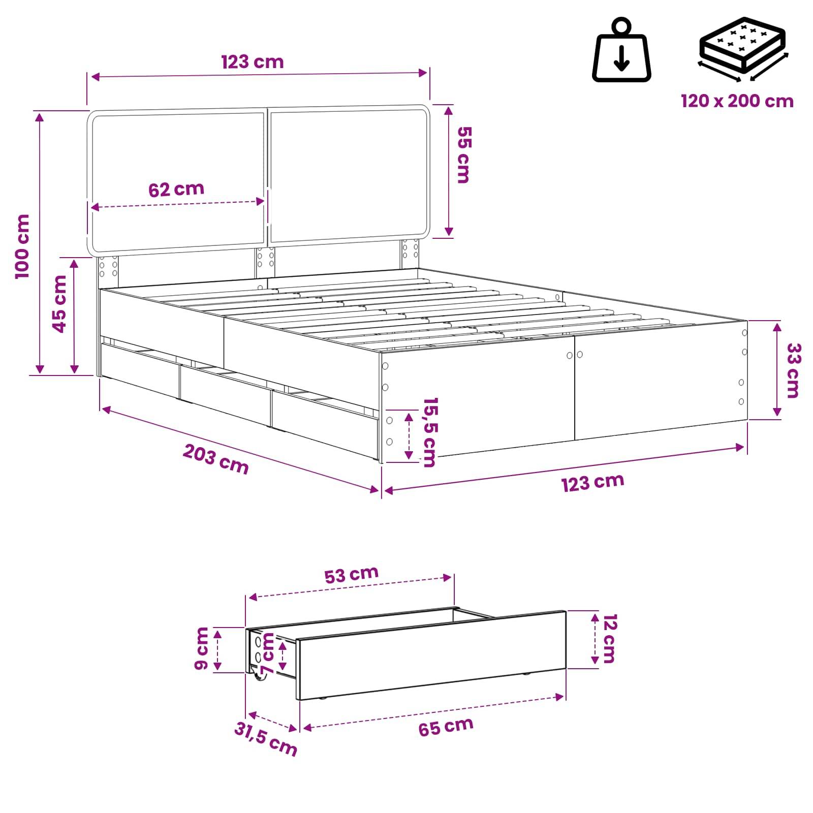 Bett mit Kopfteil und angegebenen Abmessungen: 123 cm breit, 203 cm lang, 100 cm hoch; passt zu einer 120 x 200 cm Matratze. Schublade/Kastendimensionen unten.