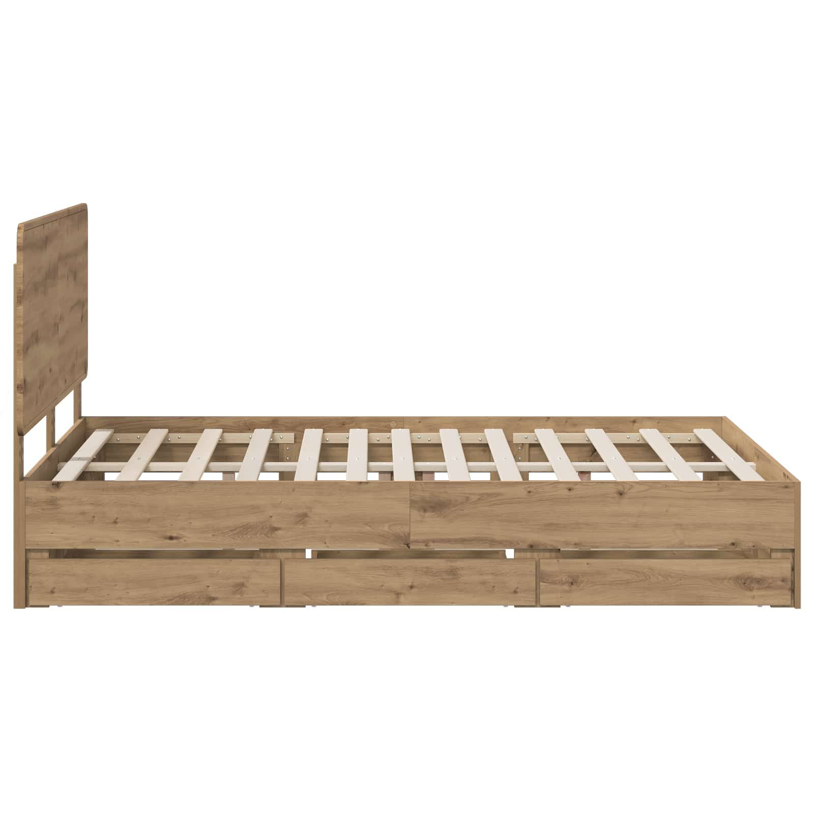 Holzbettrahmen mit Kopfteil und Lamellenboden, gezeigt auf einem einfachen weißen Hintergrund.