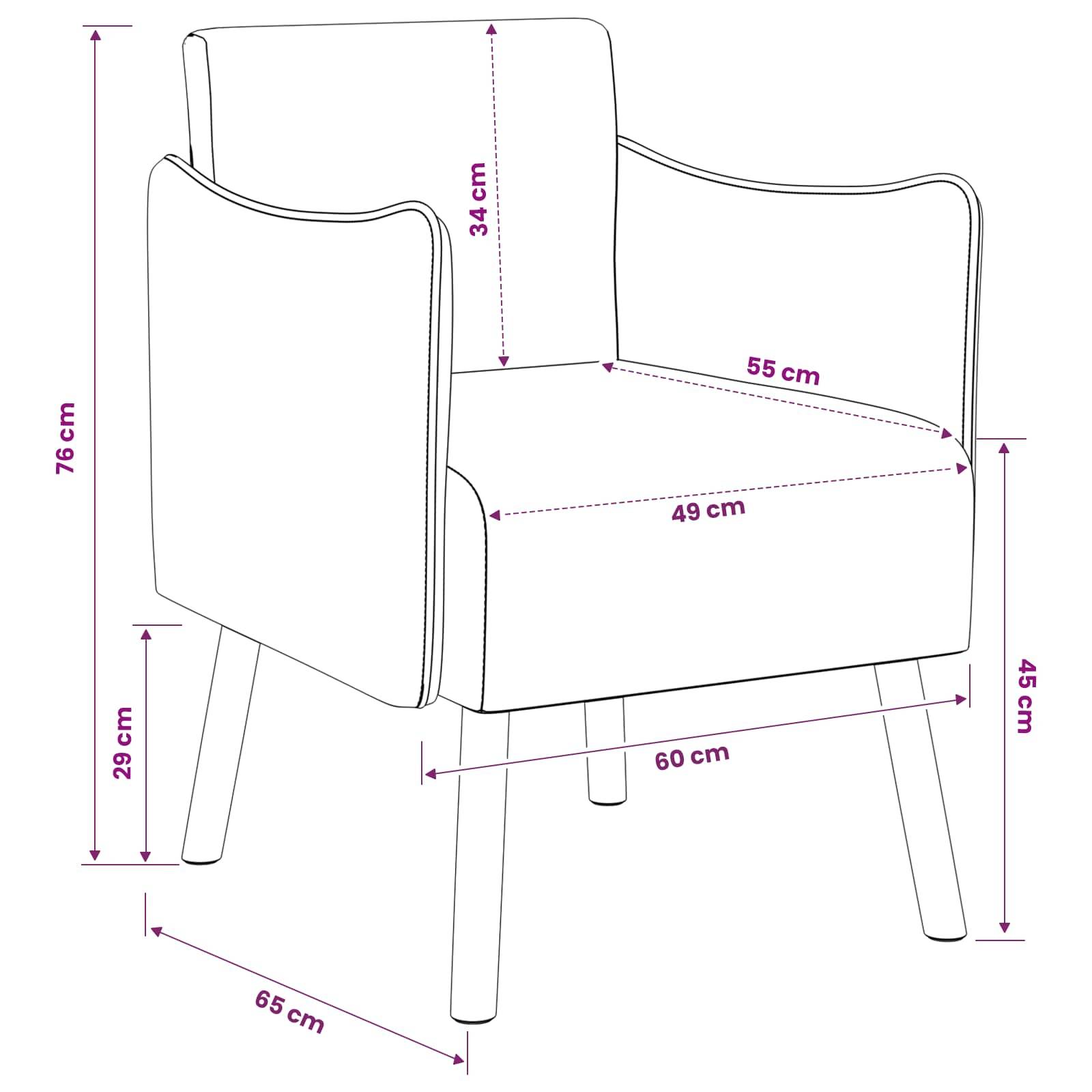 Diagramm eines Sessels mit beschrifteten Abmessungen: 76 cm hoch, 65 cm tief, 60 cm breit, 45 cm Sitzhöhe, 34 cm Rückenlehne hoch, 55 cm Armlehnentiefe, 49 cm Sitzbreite.