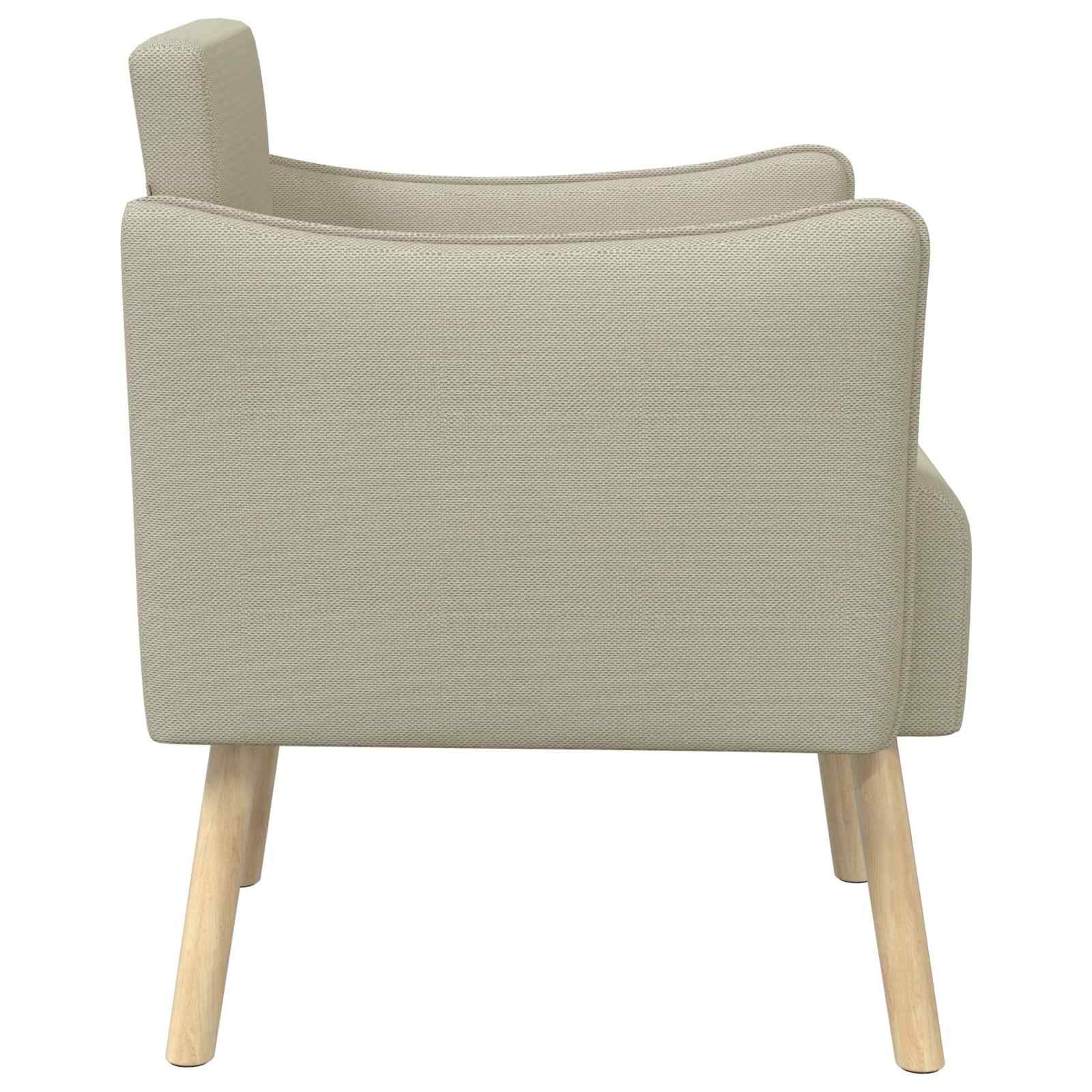 Beige gepolsterter Sessel mit Holzbeinen, von hinten auf weißem Hintergrund gezeigt.