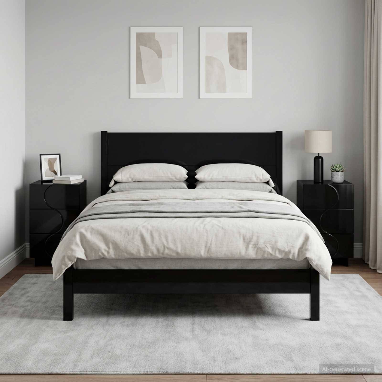 Modernes Schlafzimmer mit schwarzem Bett, weißer Bettwäsche, passenden Nachttischen, gerahmten Wandbildern und einem hellgrauen Teppich vor einer hellgrauen Wand.