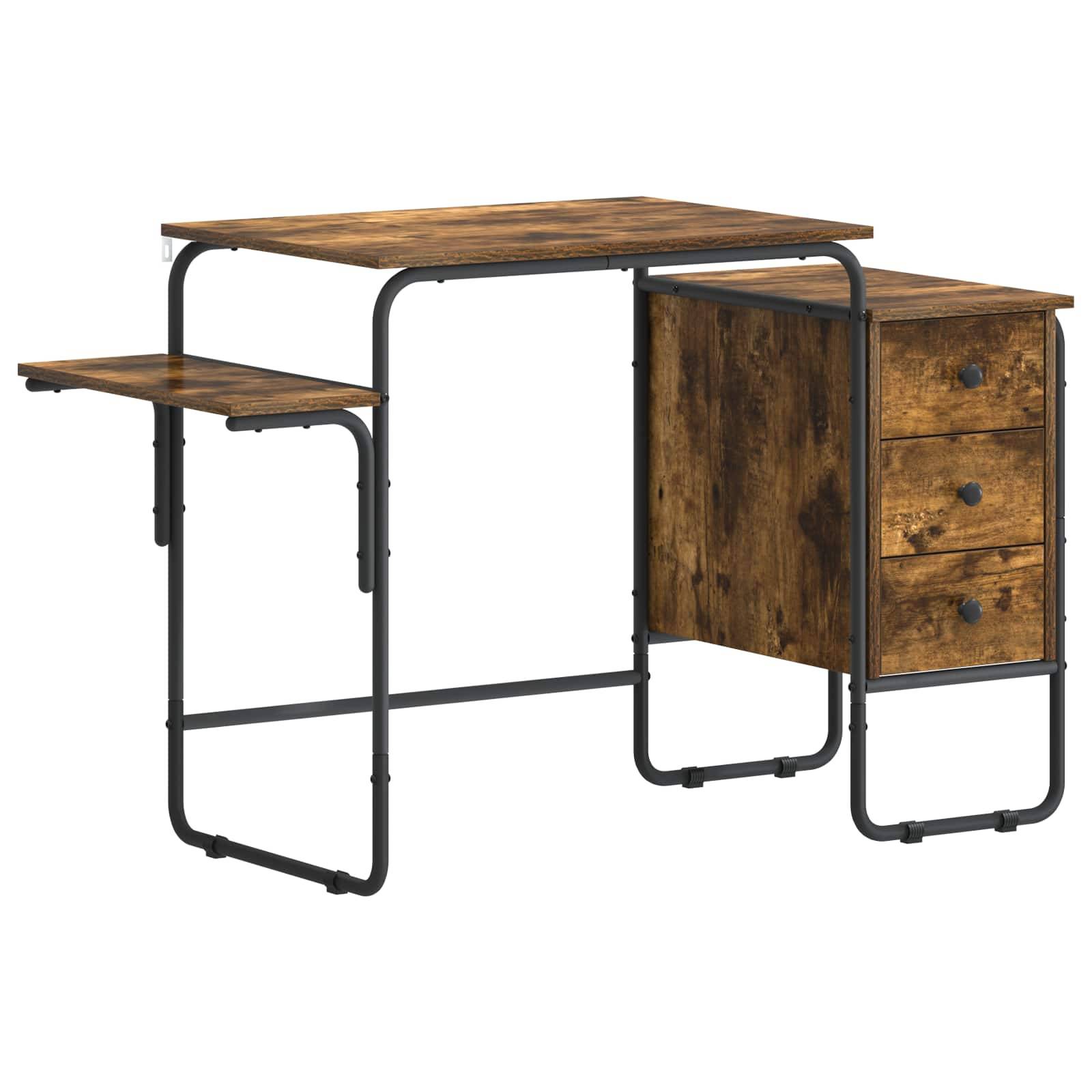 Rustikaler Holzschreibtisch mit schwarzem Metallgestell, einem Seitenregal und drei Schubladen auf der rechten Seite