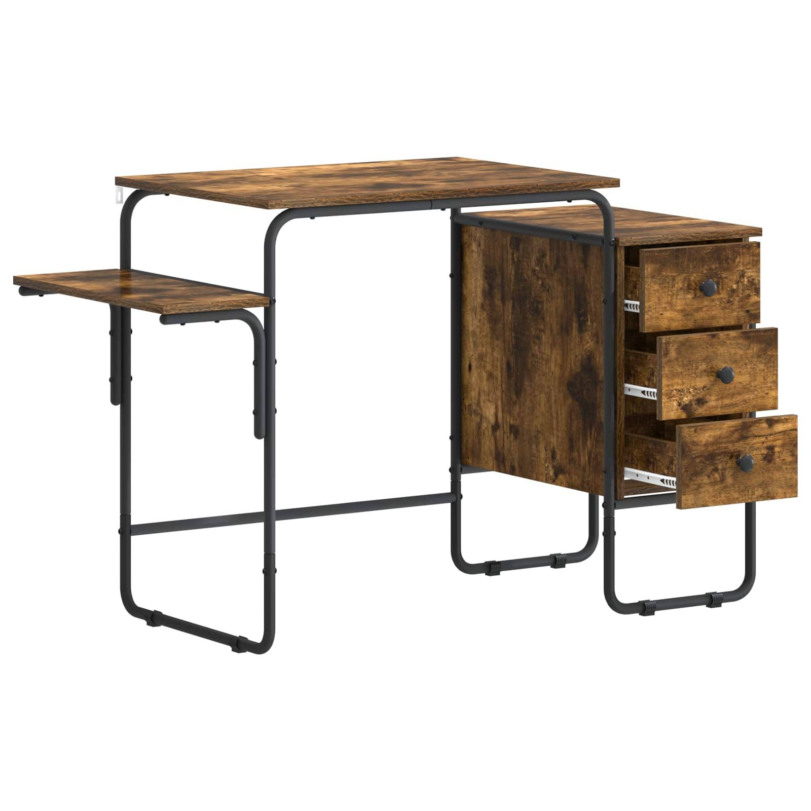 Schreibtisch im Industriestil mit Holzplatte und schwarzem Metallgestell, Seitenseil und drei Schubladen auf der rechten Seite.