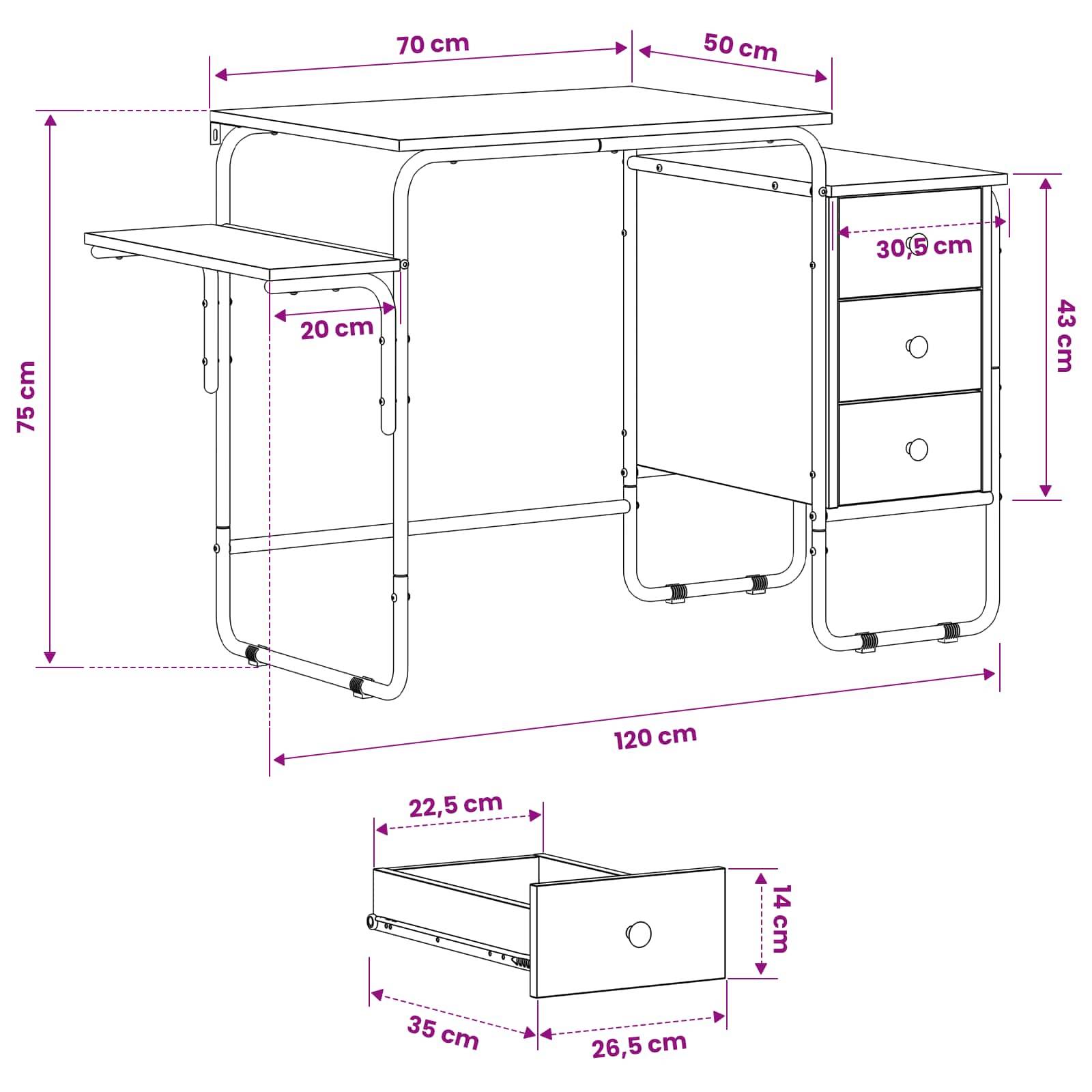 Diagramm eines kleinen Schreibtischs mit Seitenregalen und zwei Schubladen, mit Abmessungen: 120 cm breit, 75 cm hoch, 70 cm und 50 cm Oberflächen, plus Schubladengröße.