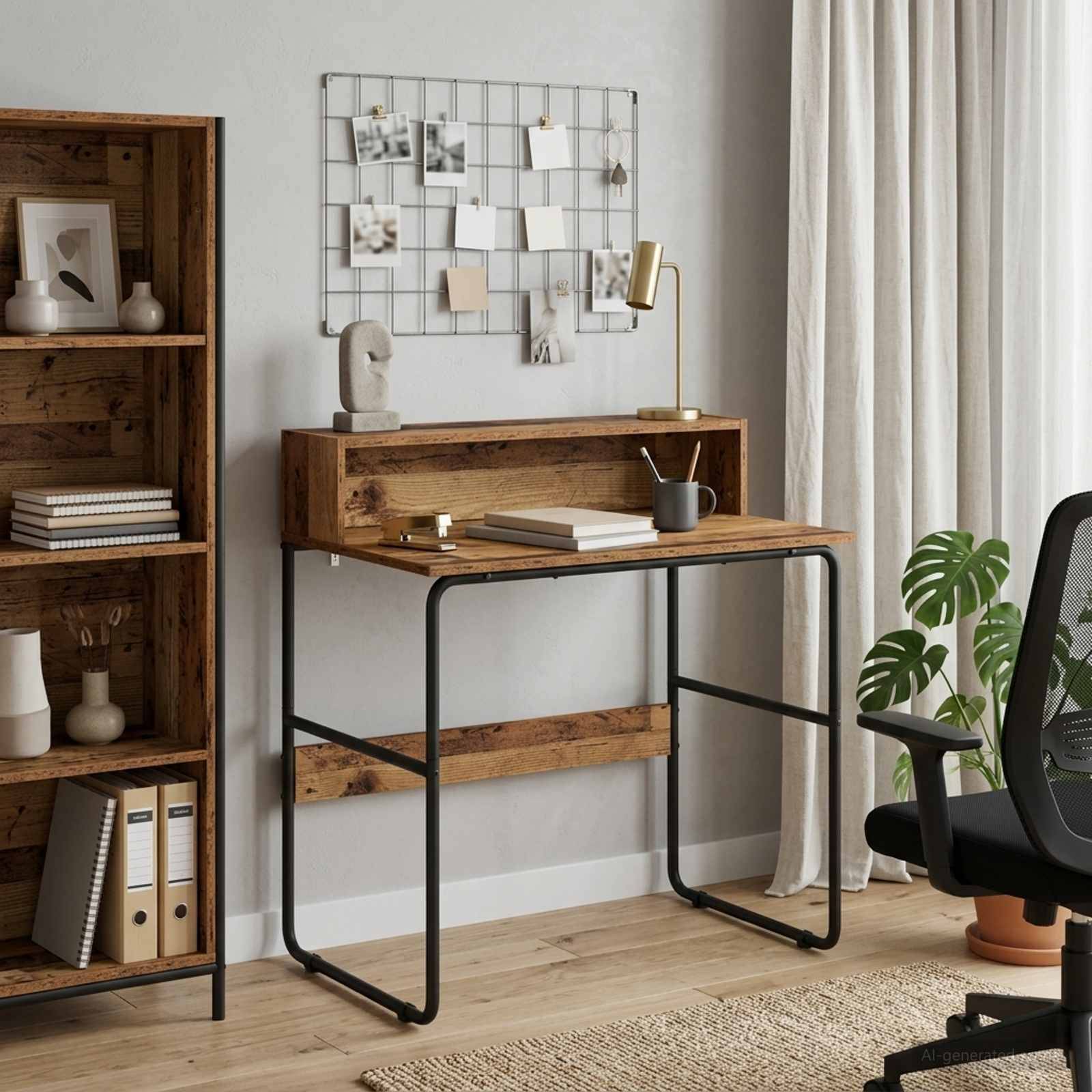 Ein minimalistisches Homeoffice mit einem Holzschreibtisch, einer Regalbrett, einer Fotowand aus Draht, einem Stuhl und einer Topfpflanze neben einem Fenster mit Vorhängen.