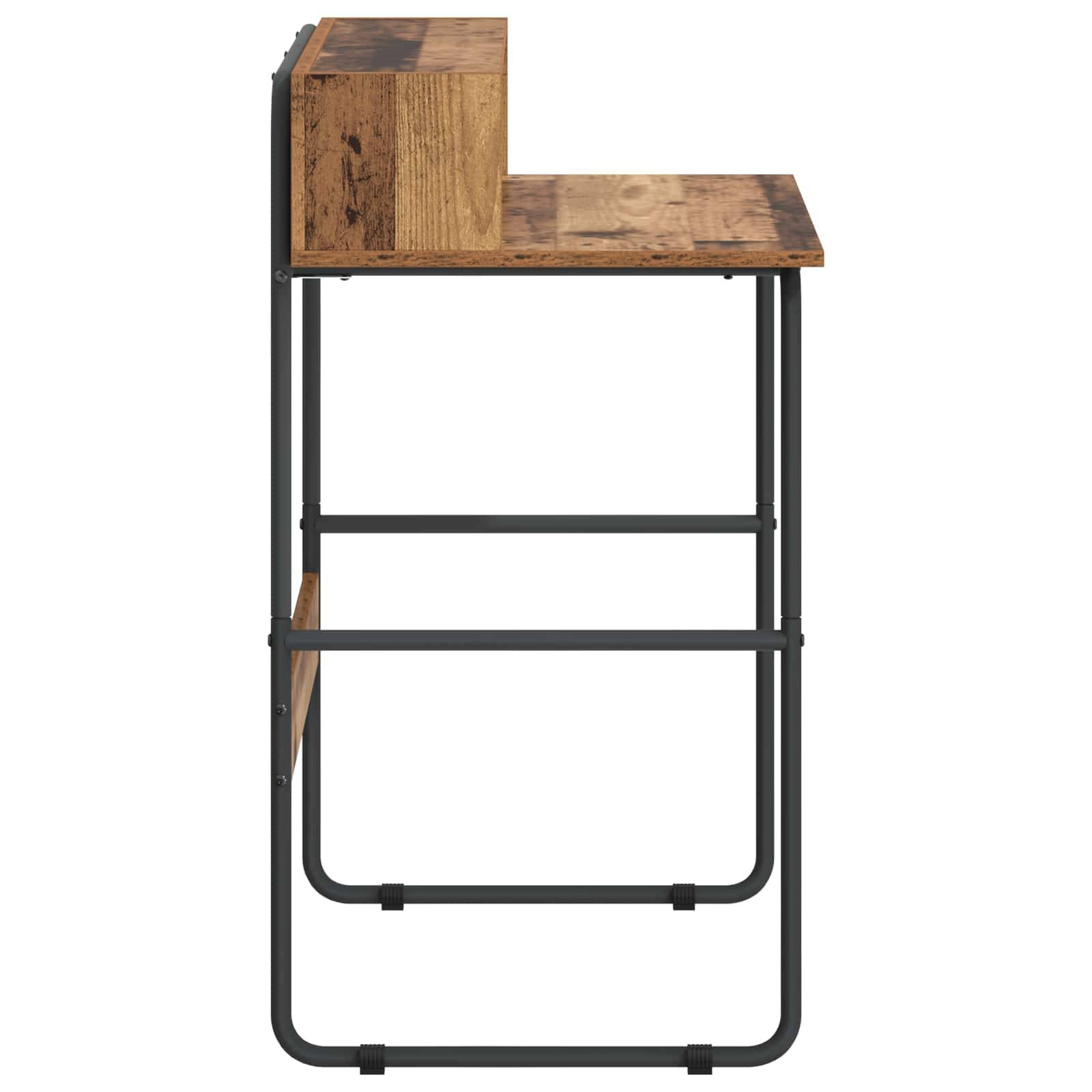 Bartisch mit Holzplatte und hohem seitlichem Rückenpanel, gestützt durch ein schwarzes Metallgestell auf weißem Hintergrund.