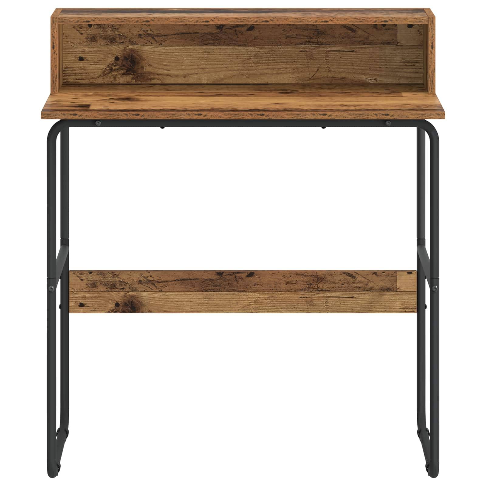 Klapptisch mit Holzplatte und schwarzen Metallbeinen sowie einem regalbrettartigen unteren Holzpaneel auf weißem Hintergrund.