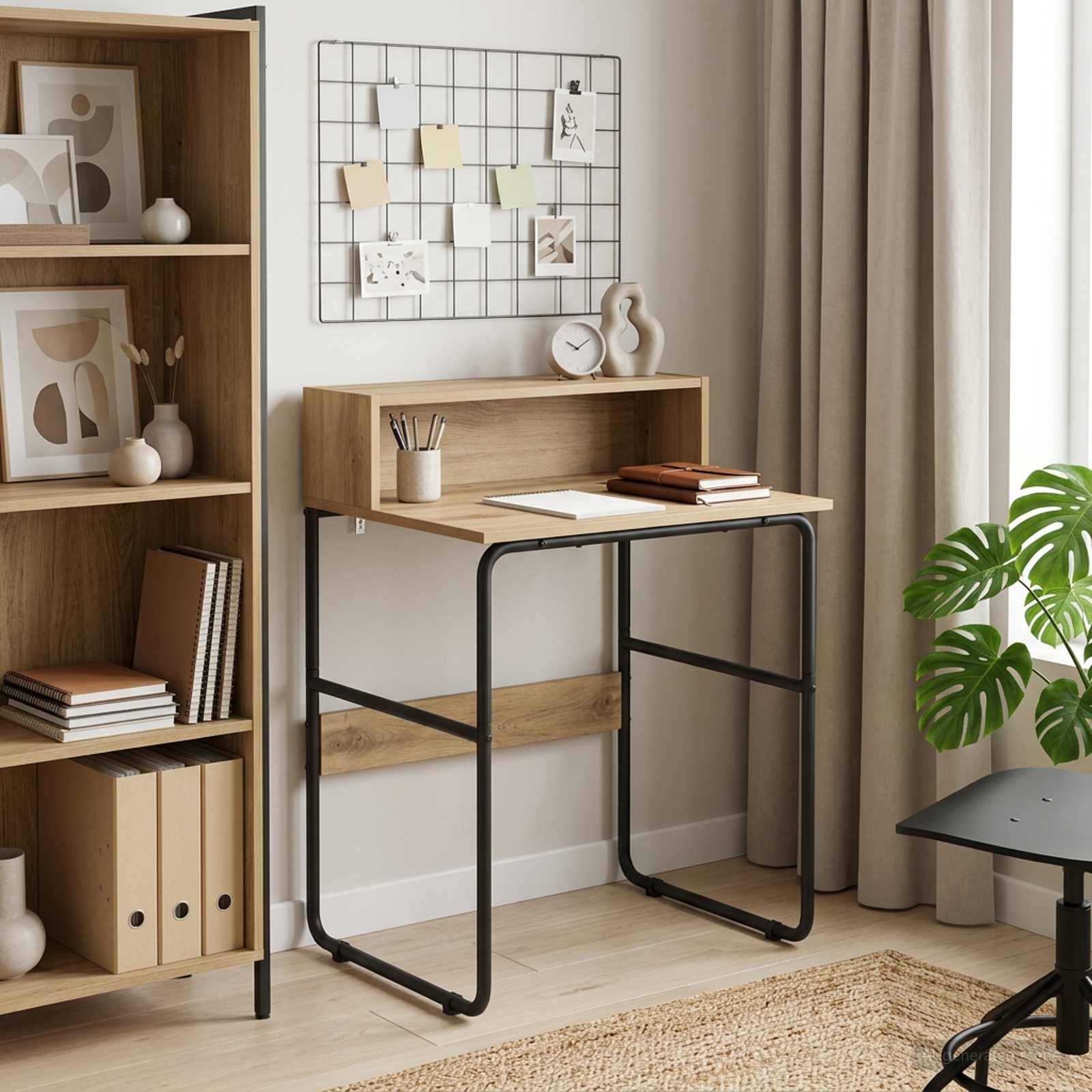 Ein kleines Homeoffice mit einem Schreibtisch aus Holz und Schwarz, Regalen, einem Korkboard-Gitter, Büchern, Dekoration, Vorhängen und einer Topfpflanze.