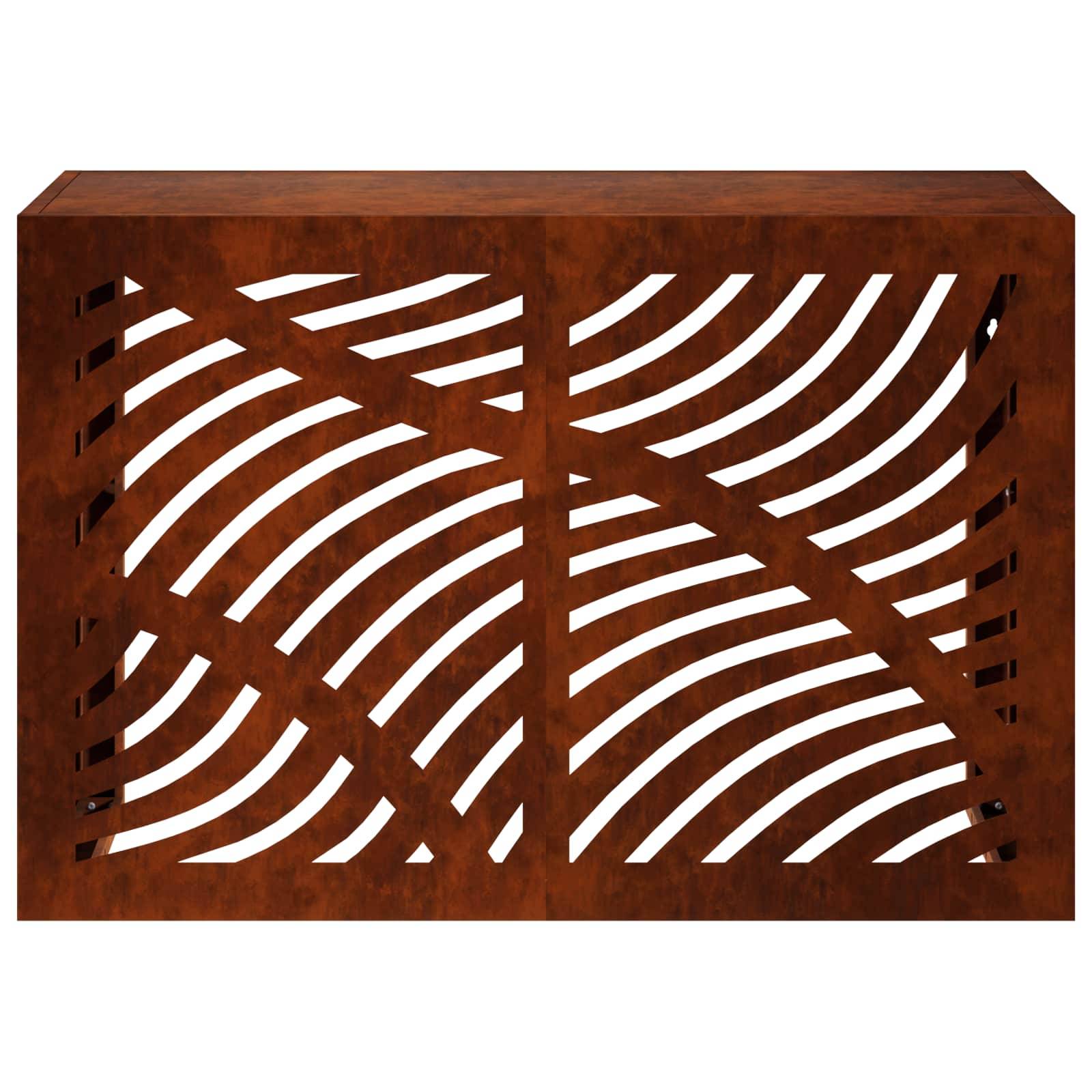 Holzdekorativer Schrank oder Wandschirm mit geschwungenen ausgeschnittenen Lamellen, die ein abstraktes geometrisches Muster bilden.