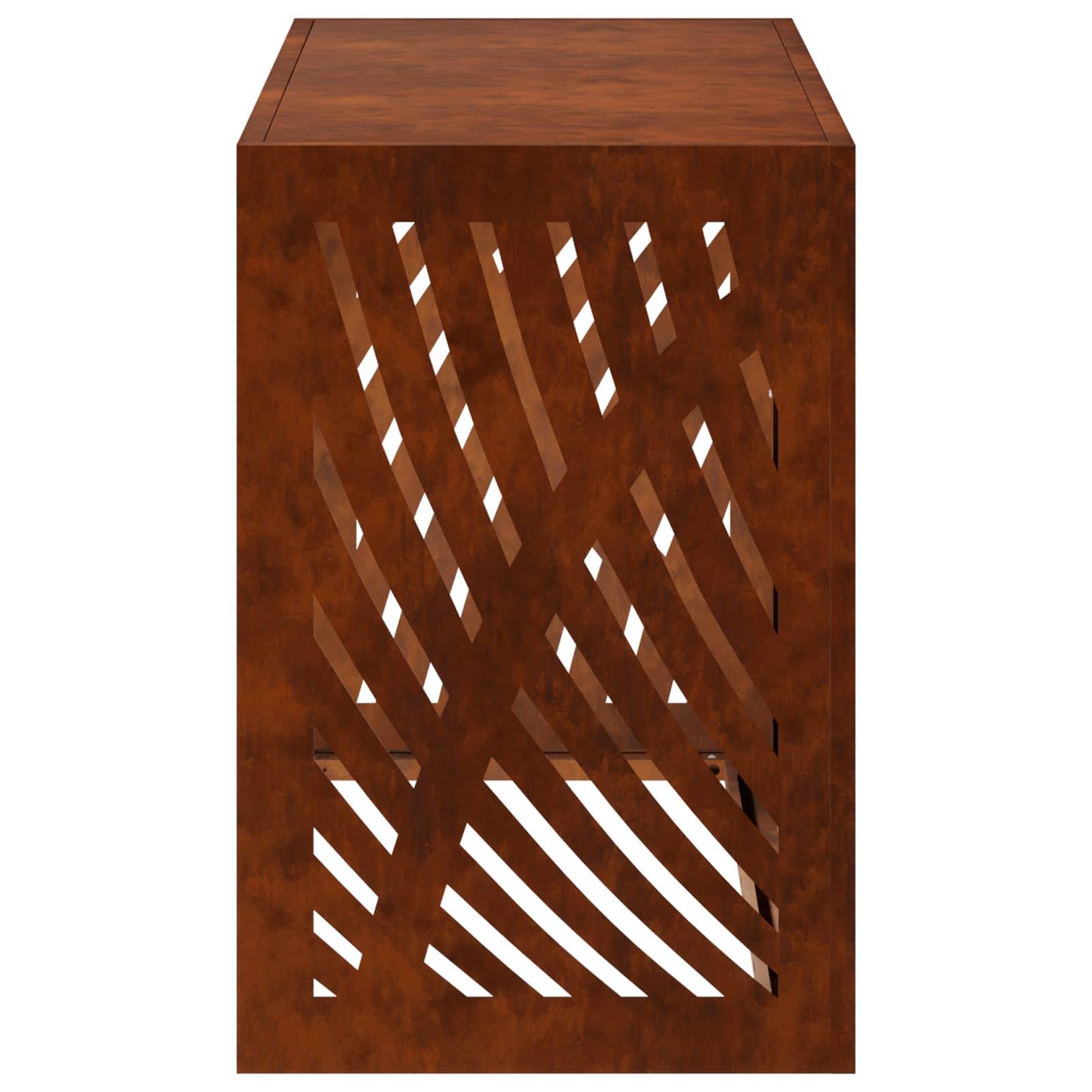 Holzschrank oder Beistelltisch mit dekorativem diagonal genutztem Frontpaneel und massiver Oberseite, dargestellt vor weißem Hintergrund.