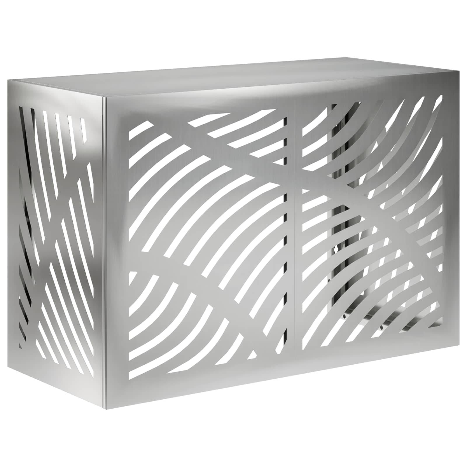 Silbermetall-Zierbalkon-Sichtschutz mit geschwungener Ausschnittmusterung auf einem rechteckigen kastenartigen Panel