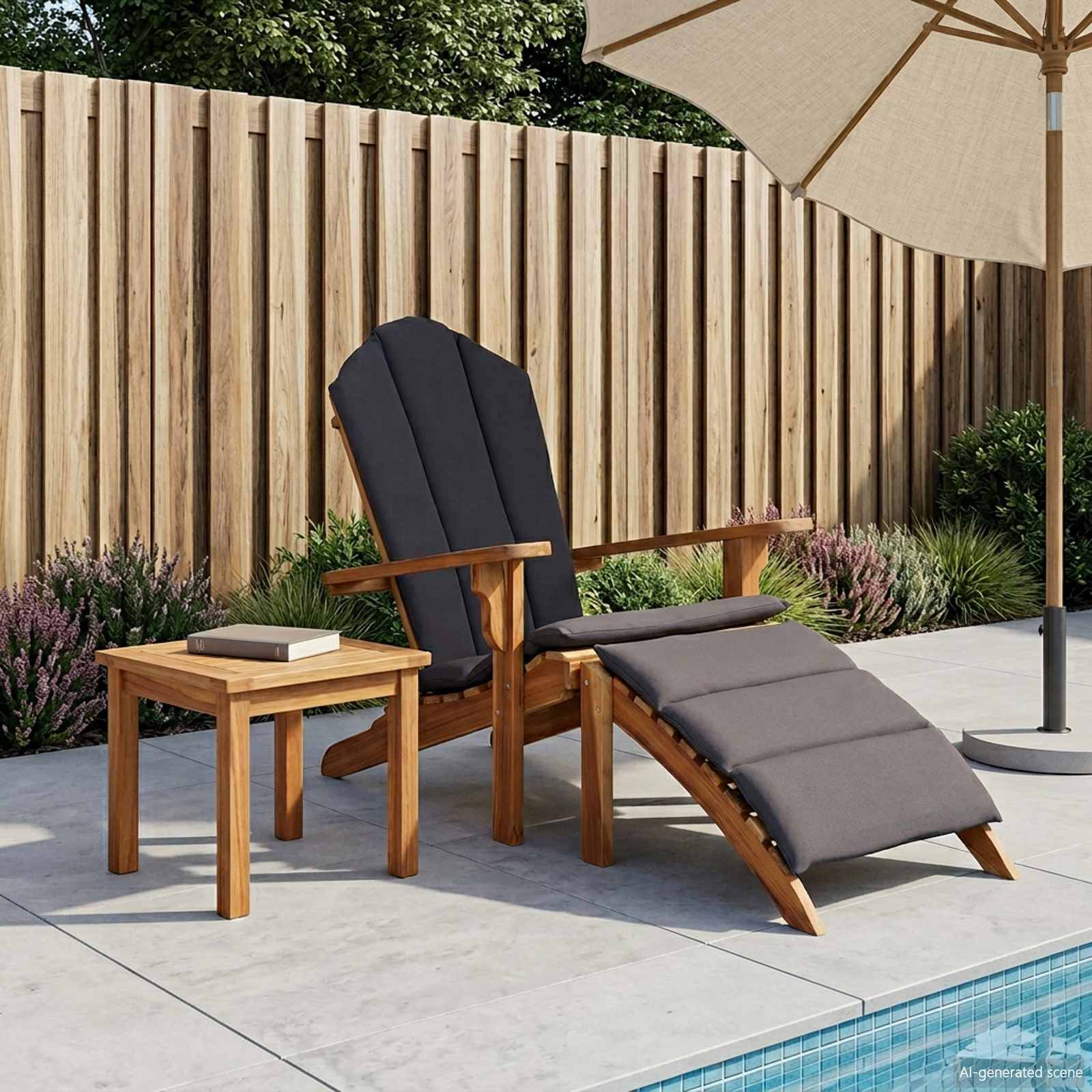 Außenbereich-Setup mit einem Holz-Liegestuhl und passendem Fußhocker neben einem Beistelltisch unter einem Sonnenschirm, neben einem Pool und einem Zaun.