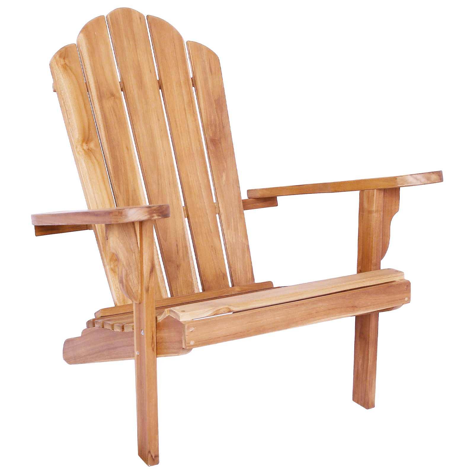 Holzstuhl im Adirondack-Stil mit Lamellenlehne, Armlehnen und Sitzfläche vor weißem Hintergrund.