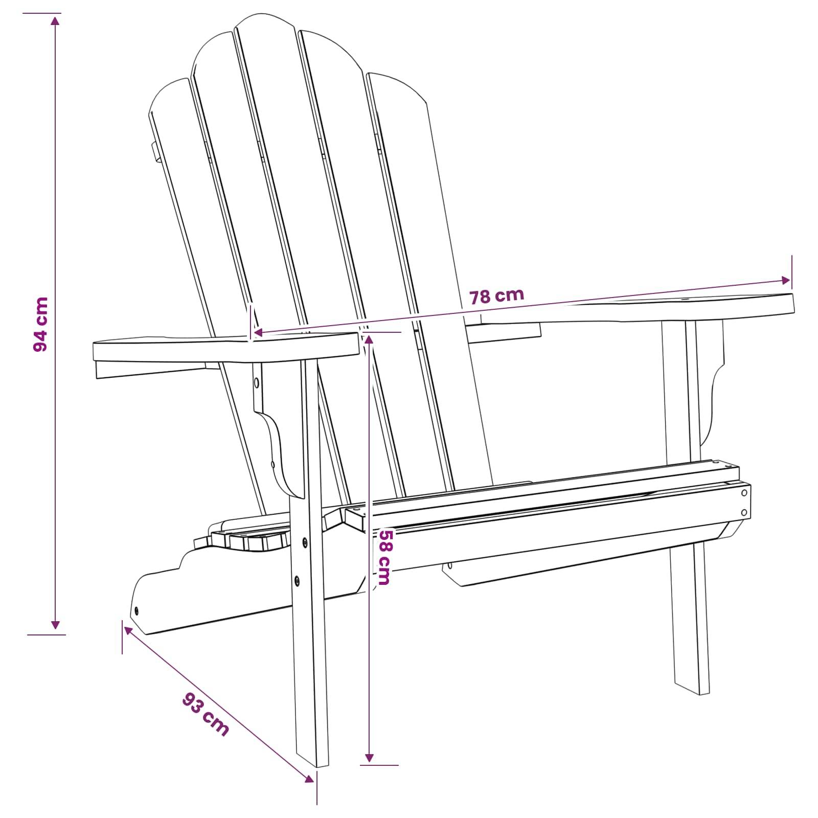 Strichzeichnung eines Adirondack-Stuhls mit beschrifteten Abmessungen: 94 cm hoch, 93 cm tief, 78 cm breit und 58 cm Sitzhöhe.