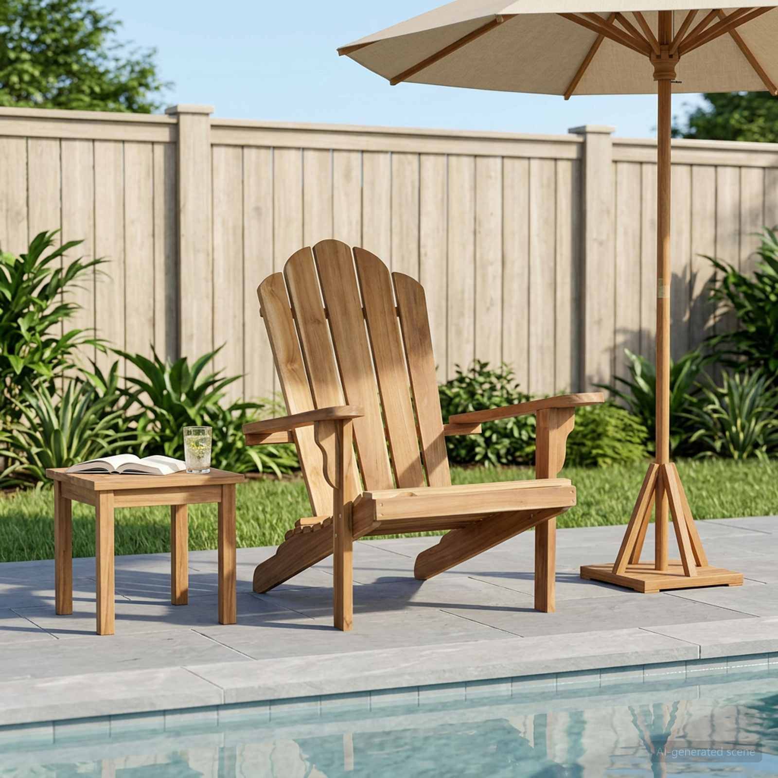 Holzstuhl im Adirondack-Stil neben einem kleinen Beistelltisch mit einem aufgeschlagenen Buch und einem Getränk, unter einem Terrassenschirm neben einem Pool im Garten.